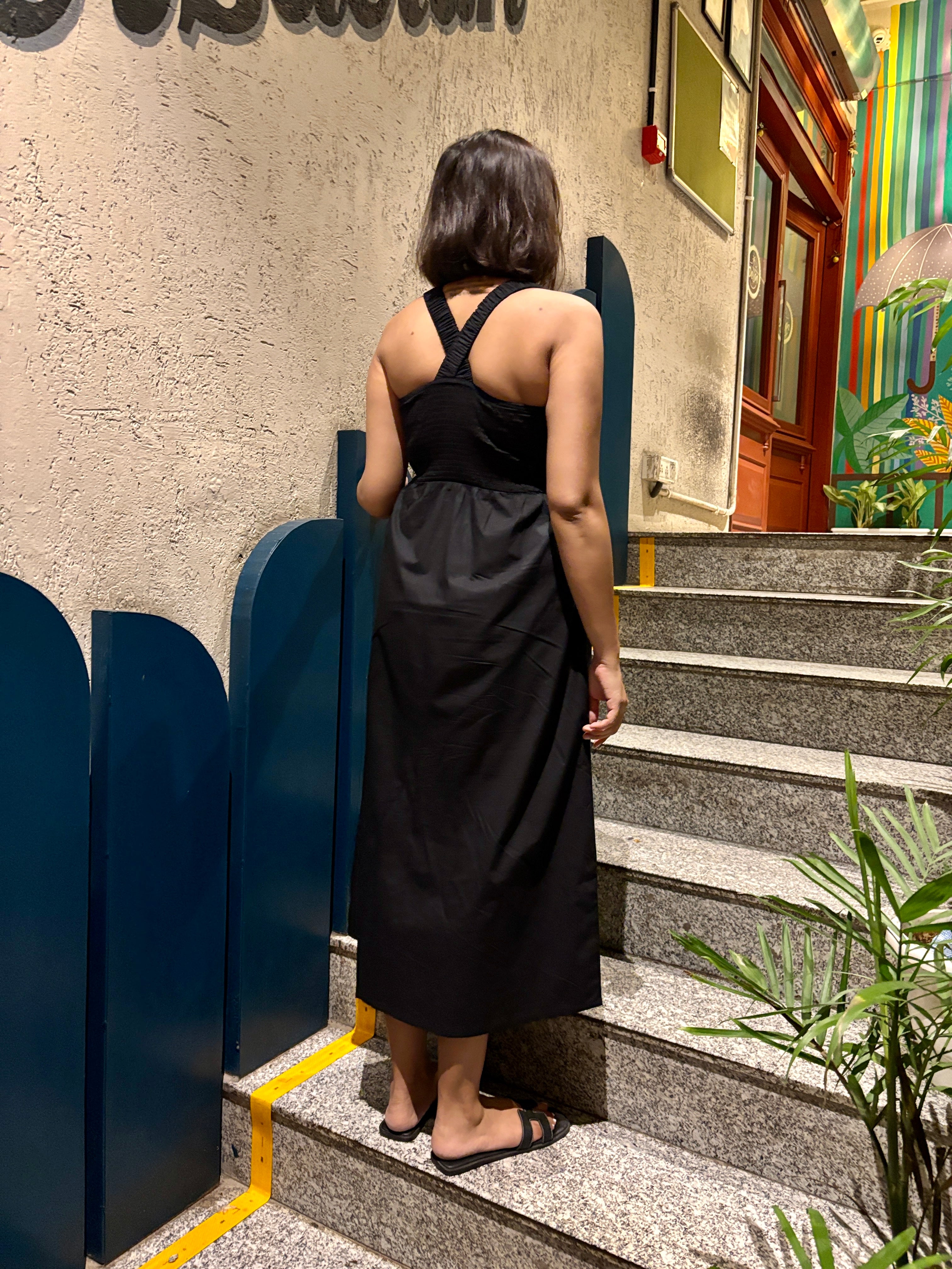 Noir Nights Black Smocked Cotton Midi Dress image 1