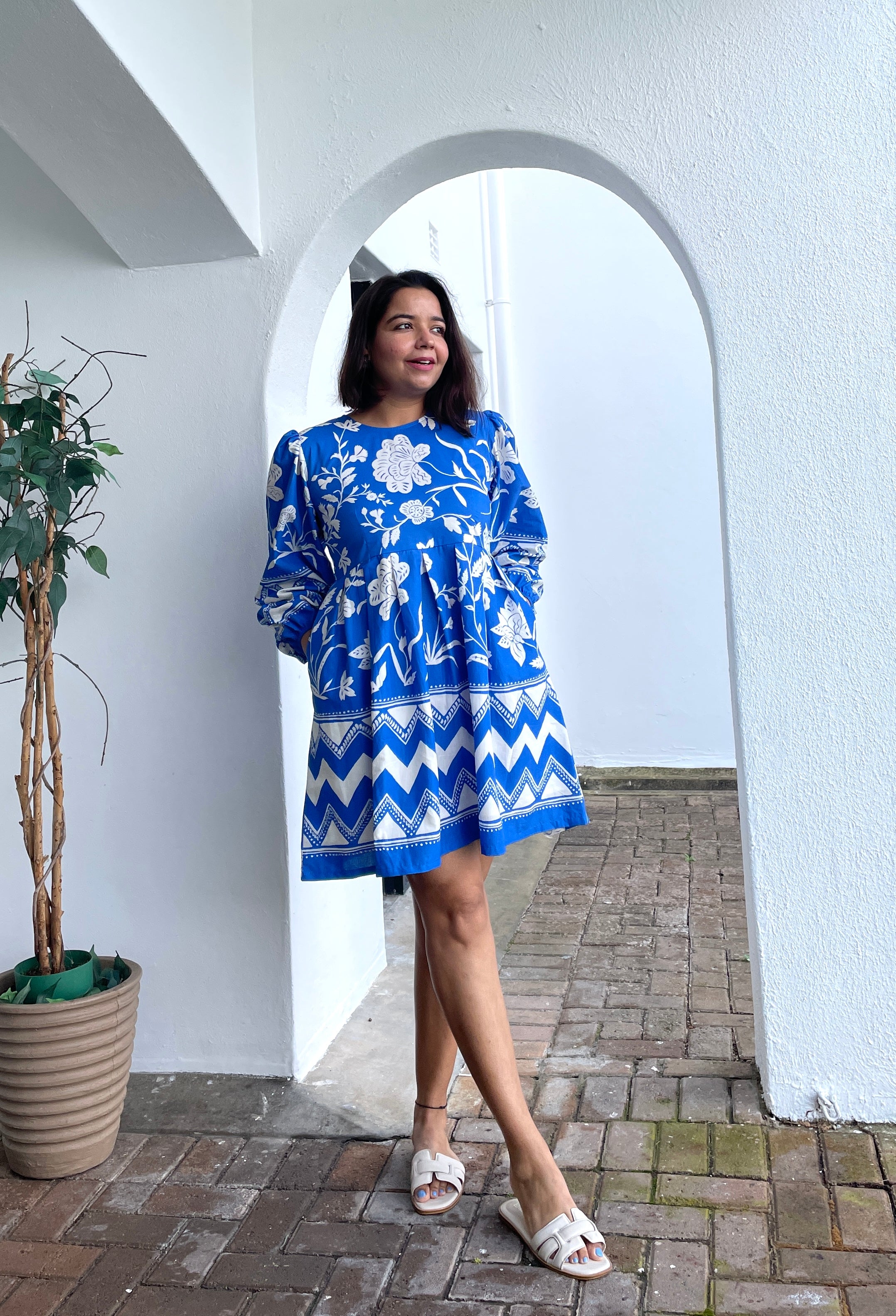 Blue Balloon Sleeves Skater Dress image 3