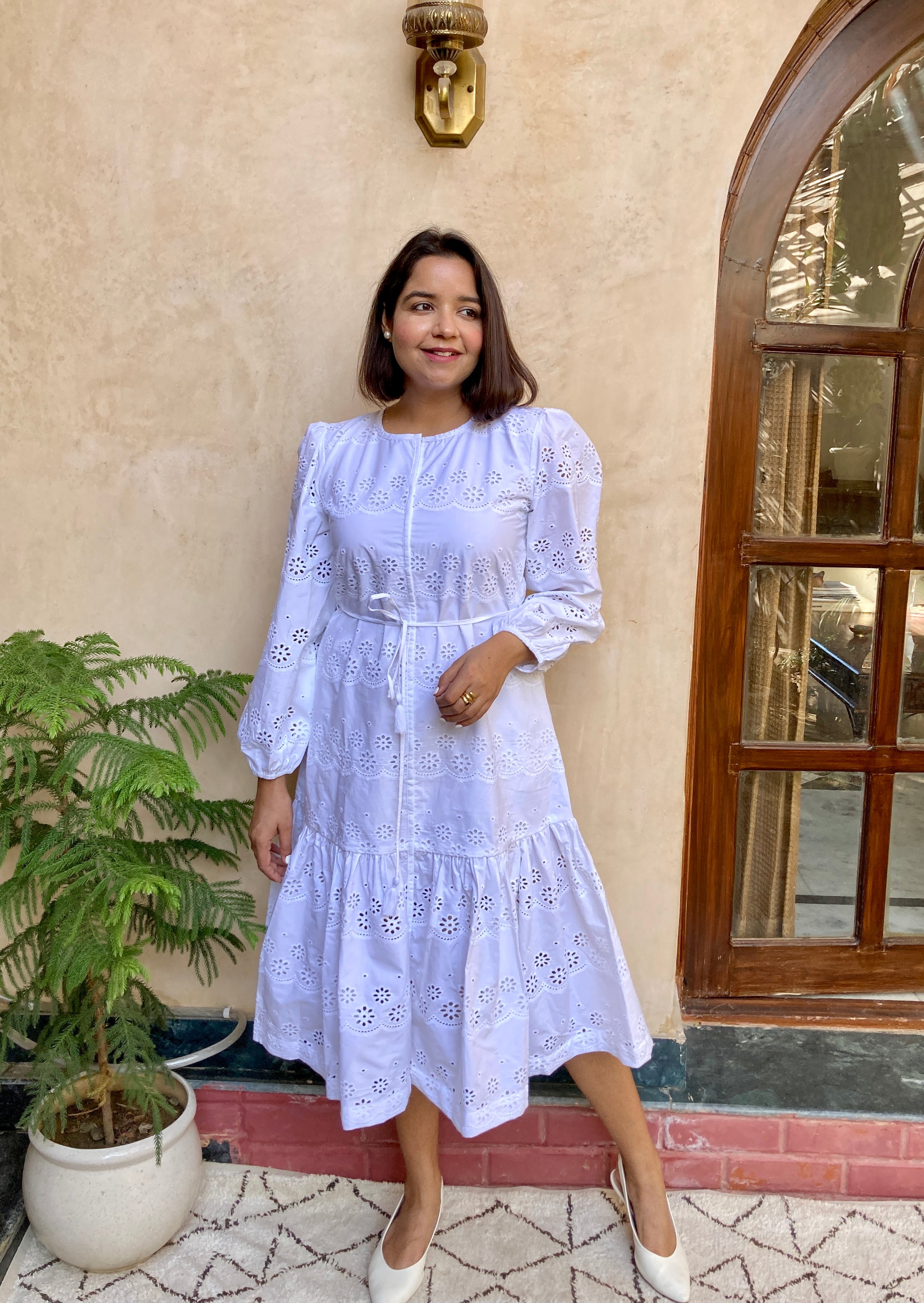 White Schiffli Midi Dress image 3