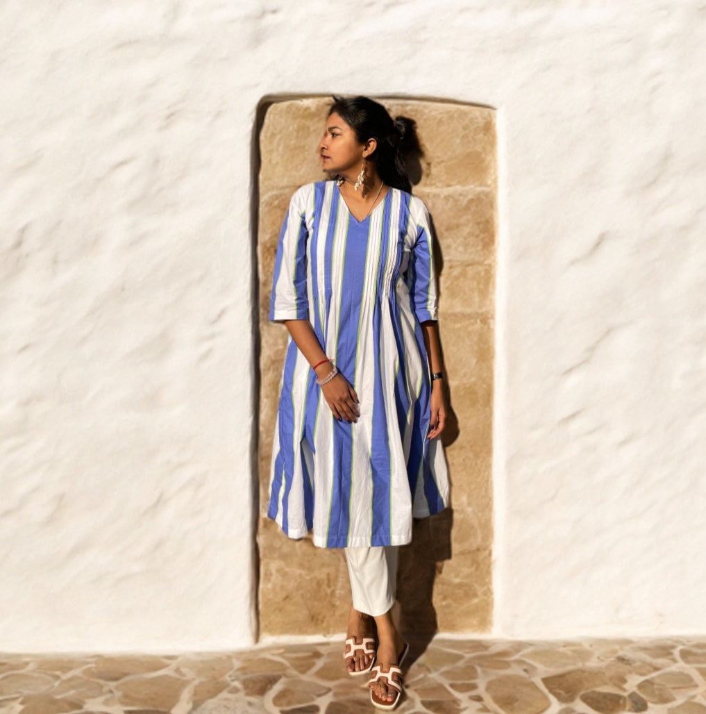 Blue Stripe Pintex A-Line Kurta image 0