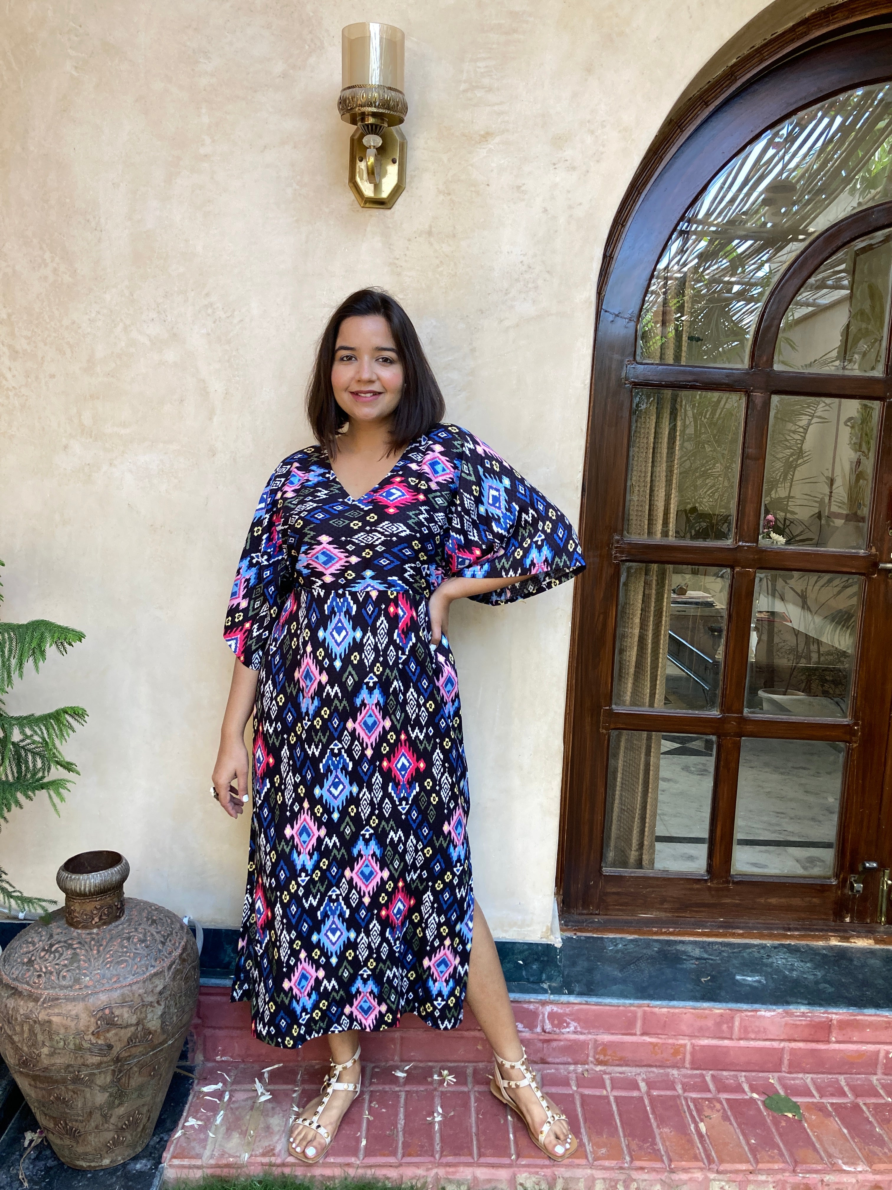 Black Ikat Kaftan Dress image 6