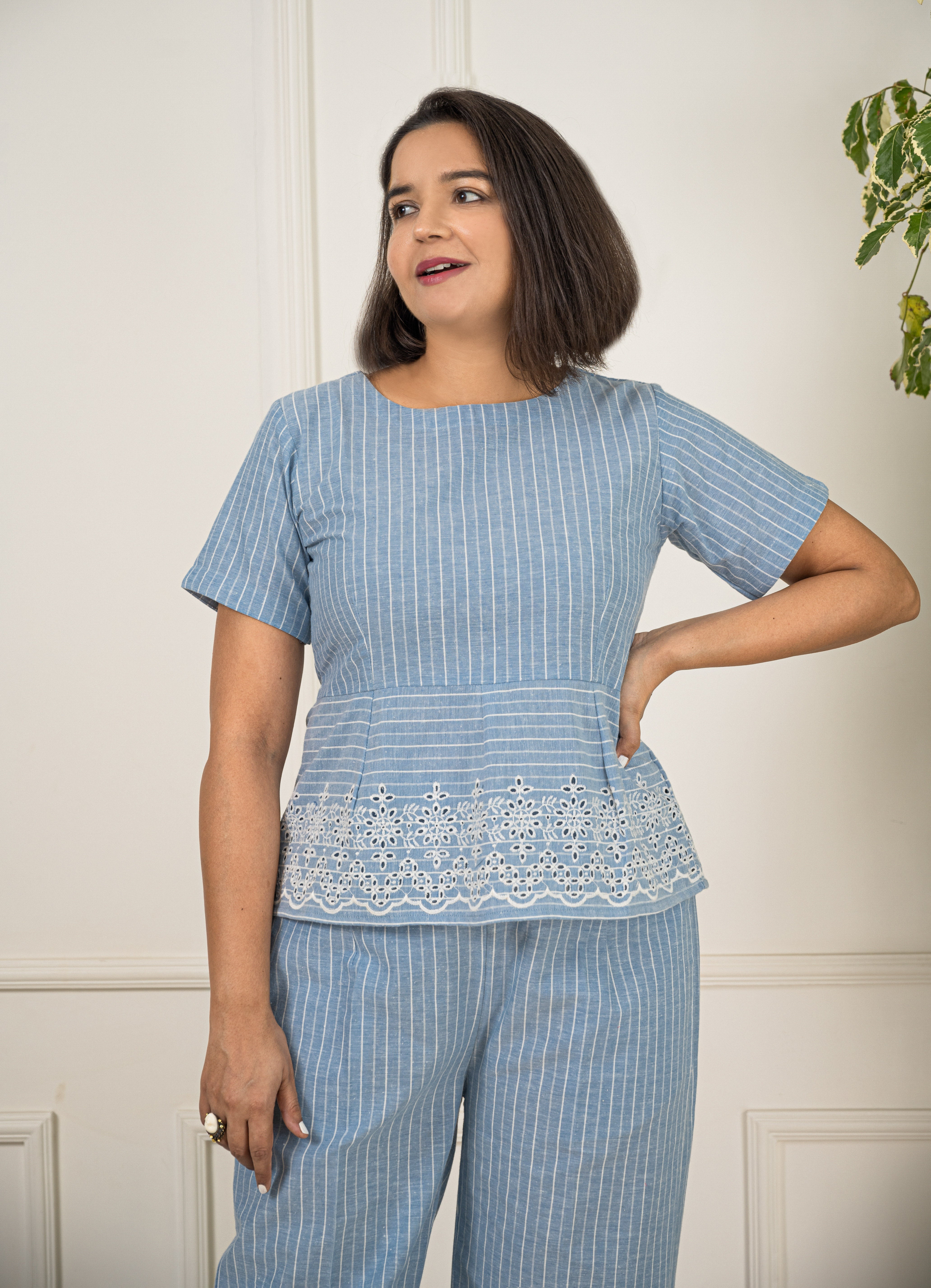 Blue Embroidered Stripe Coord Set- M image 2
