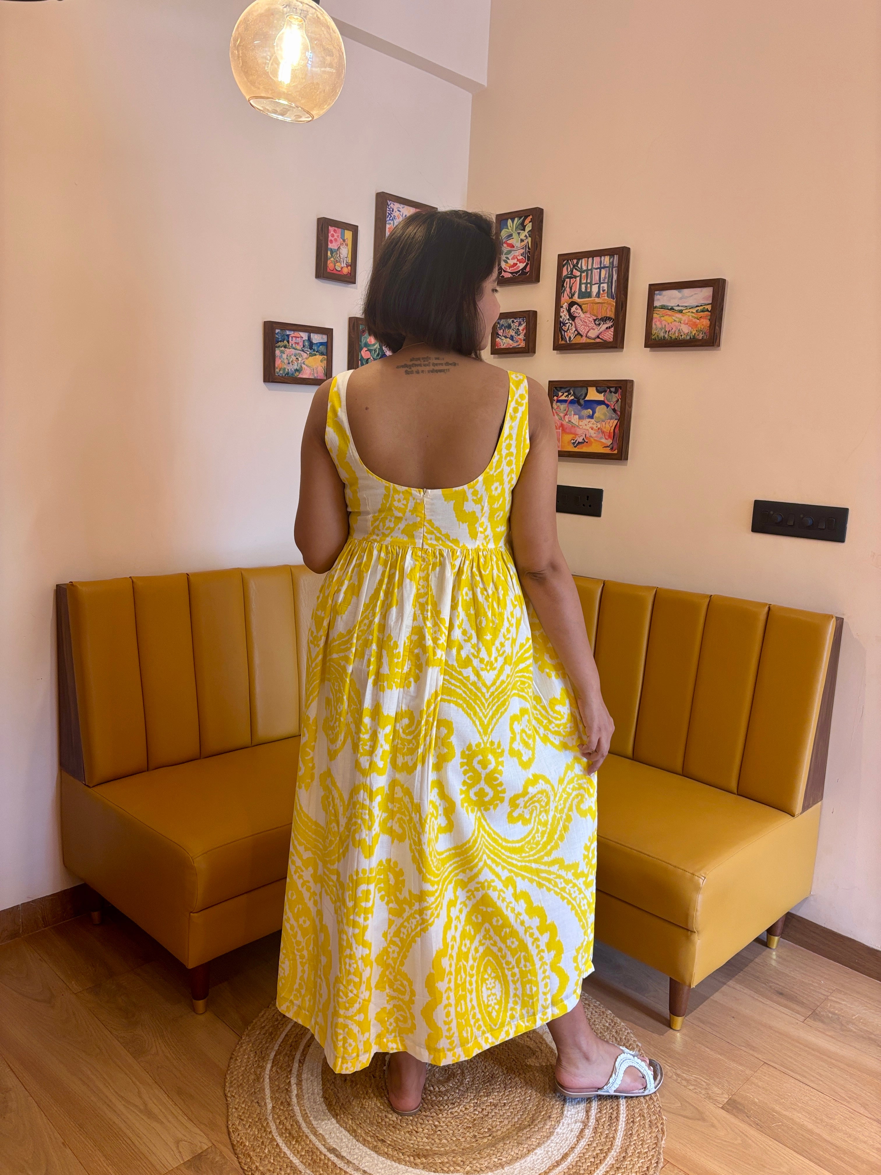 Yellow Printed Cotton Maxi Dress for Women