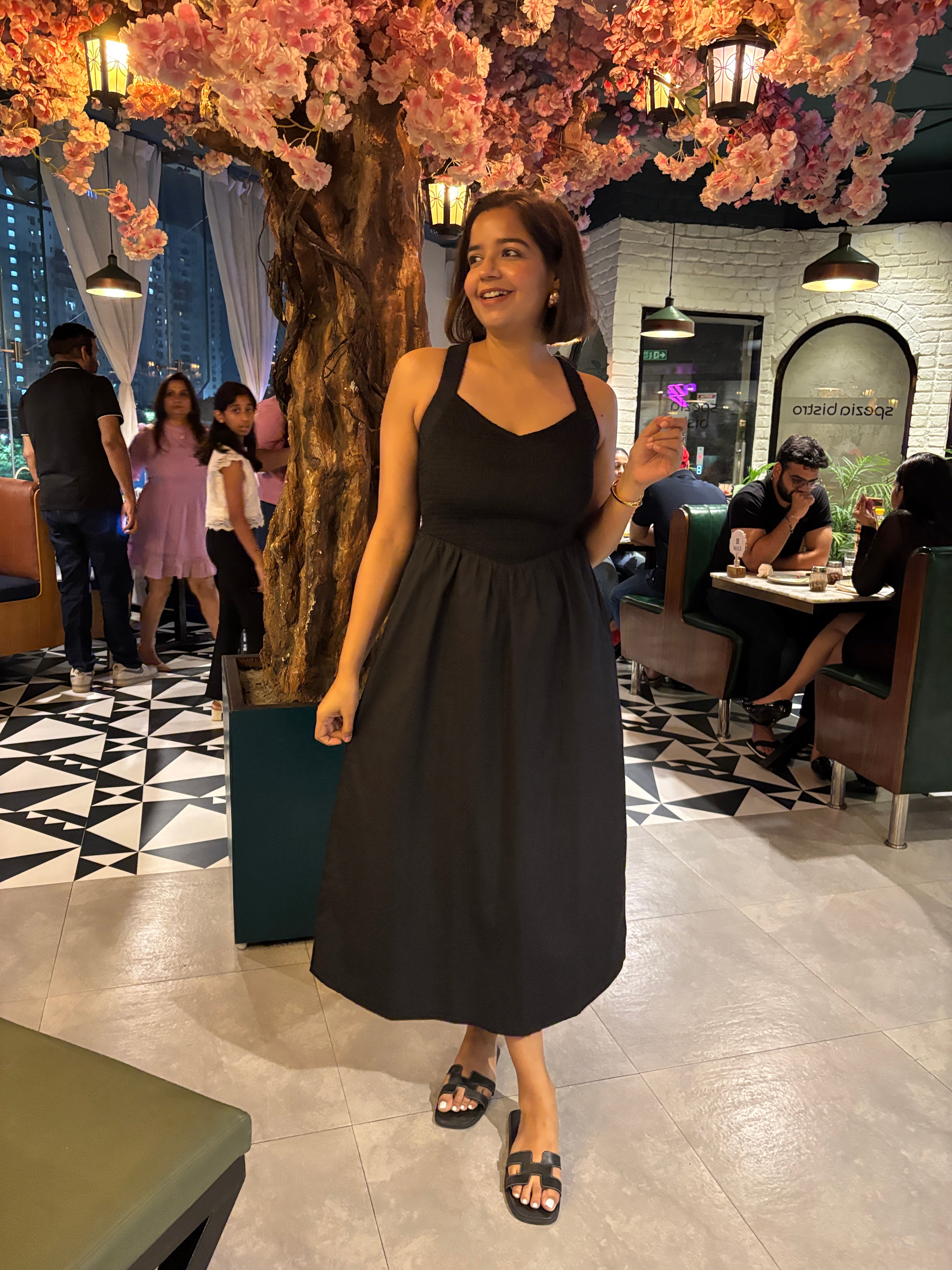 Noir Nights Black Smocked Cotton Midi Dress image 4