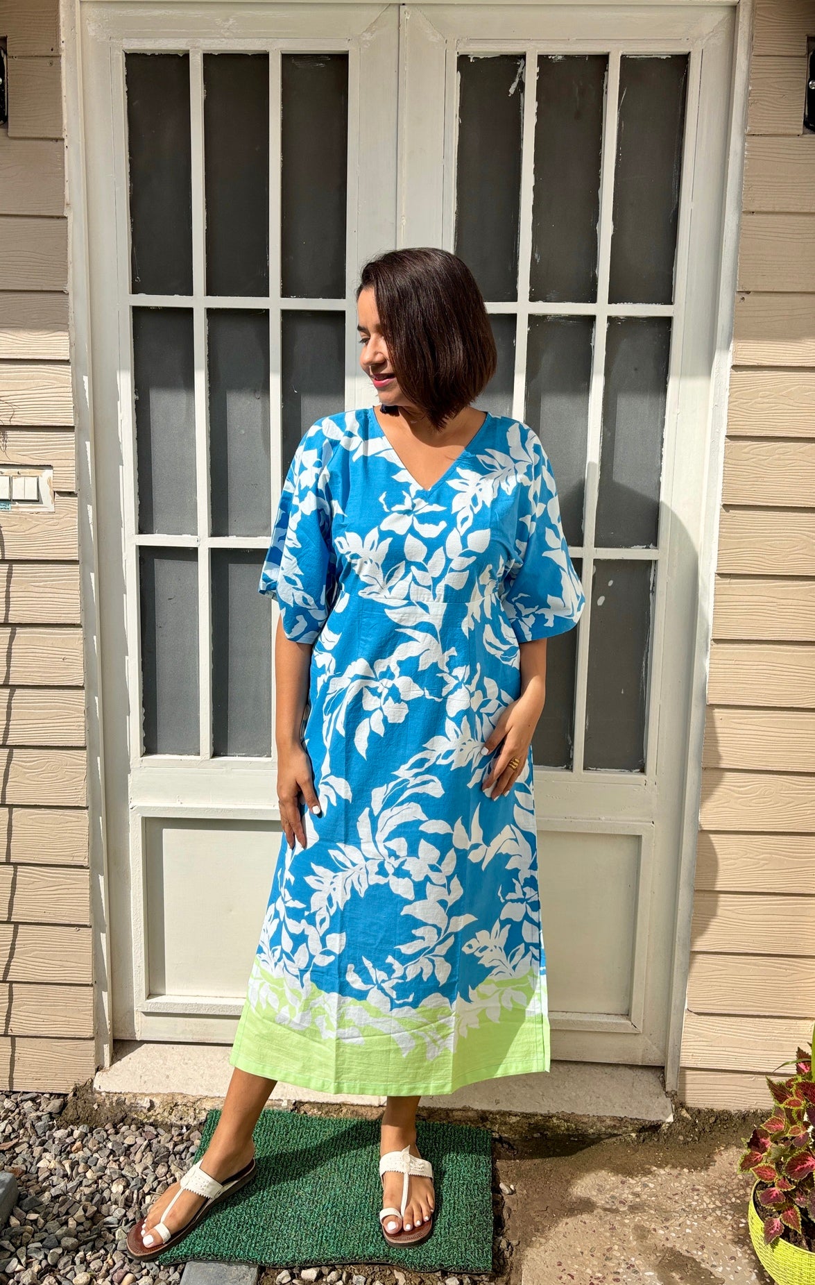 Blue Green Printed Cotton Kaftan Dress image 3