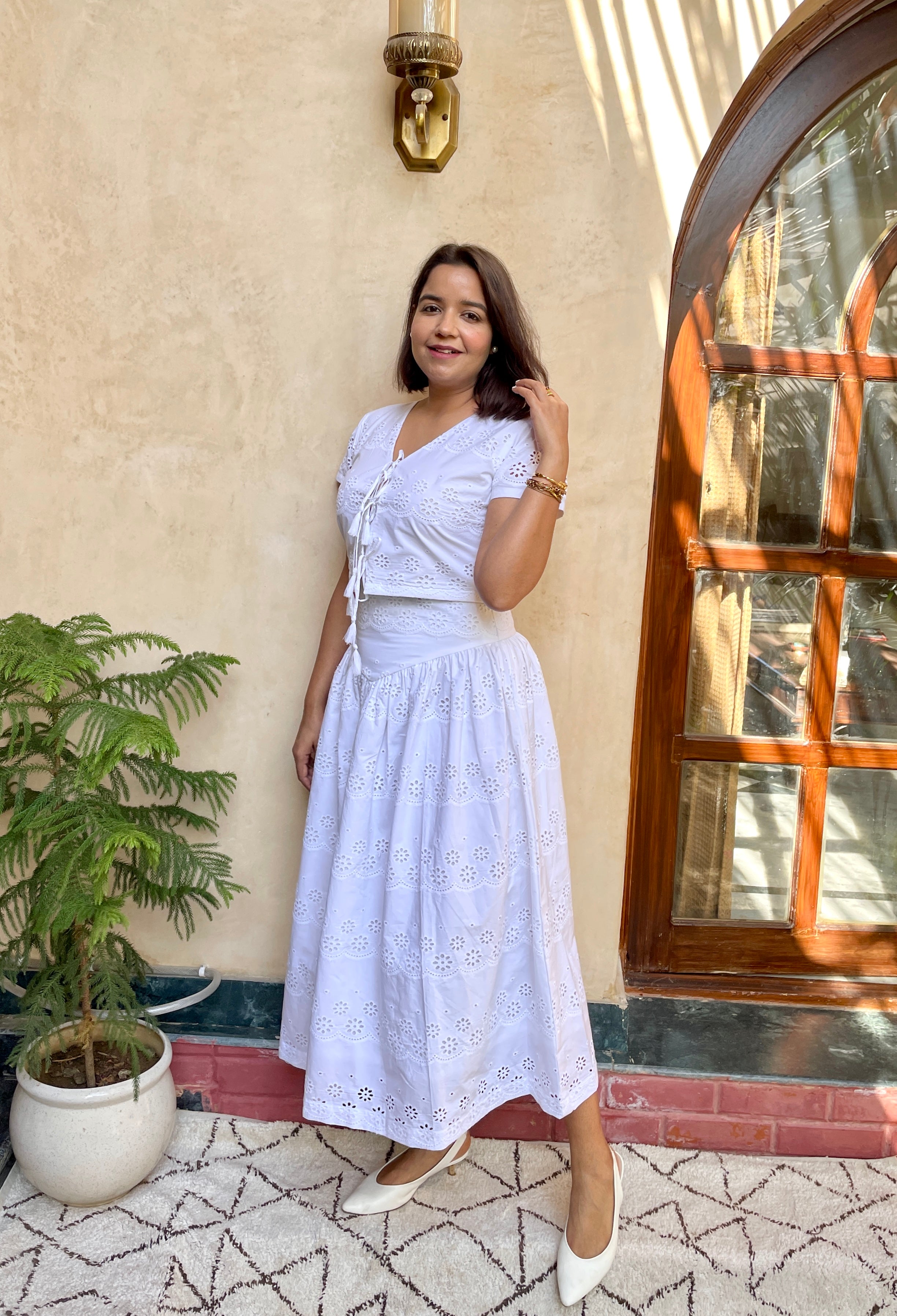 White Schiffli Zipper Maxi Skirt image 3