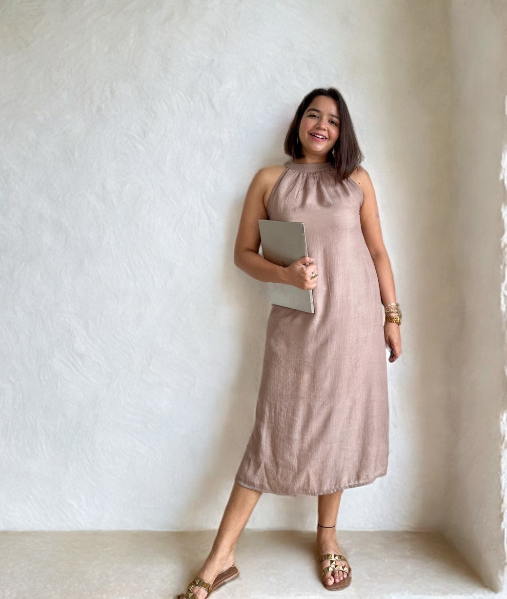 Solid Brown Halter Midi Dress image 0