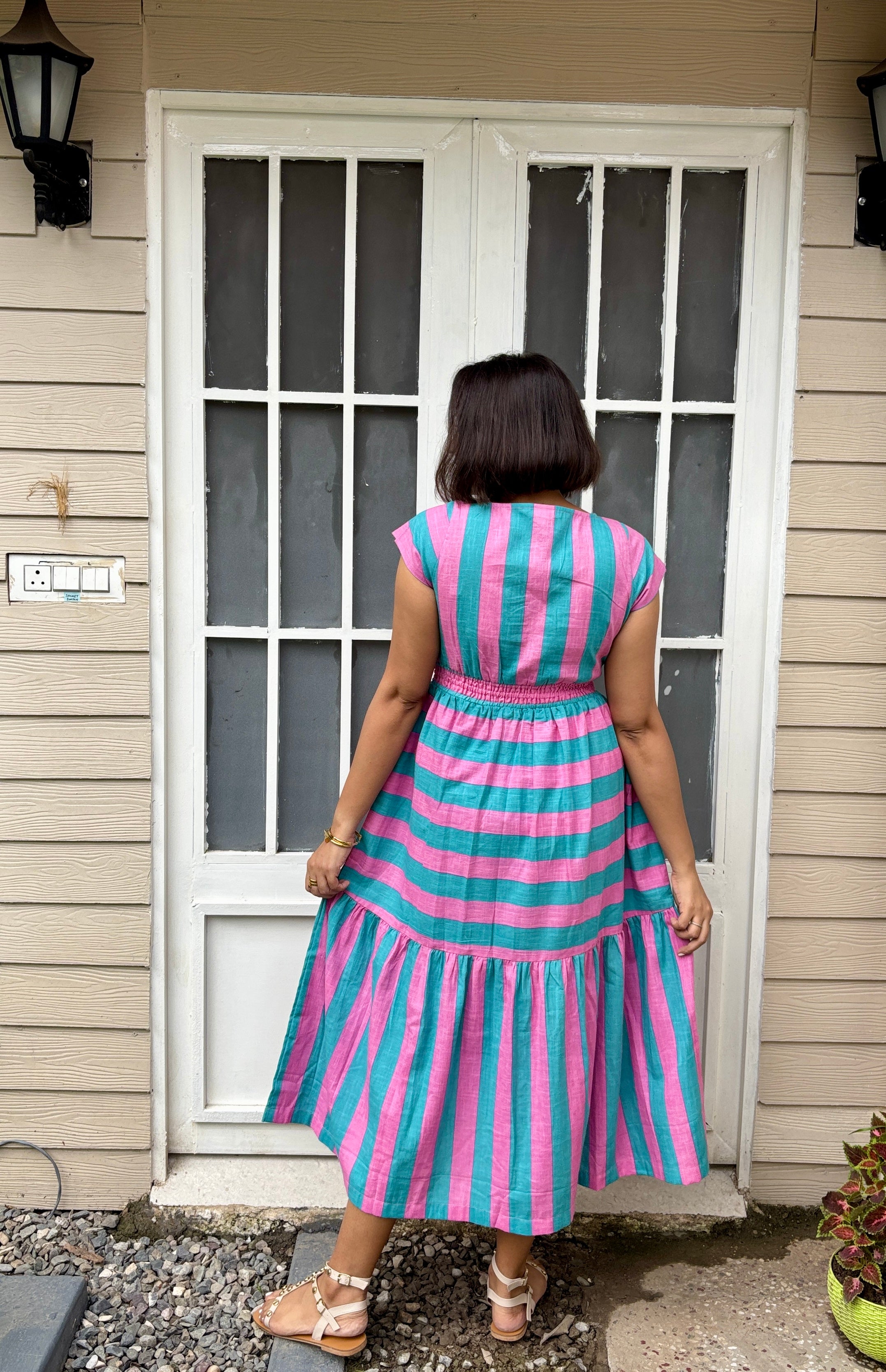 Striped Cotton Linen Midi Dress with 3D Flower image 2