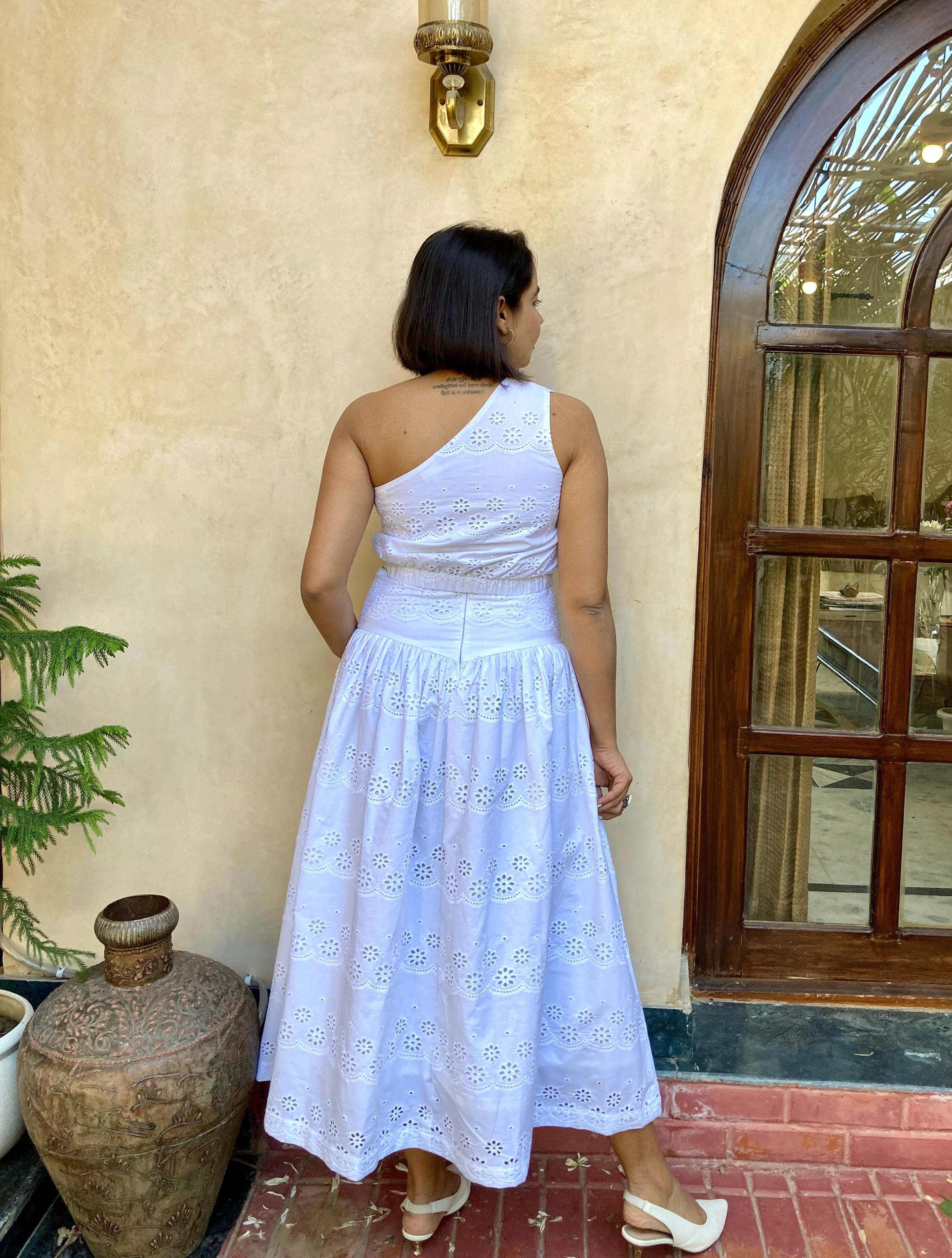 White Schiffli One Shoulder Top and Skirt Coord Set image 1