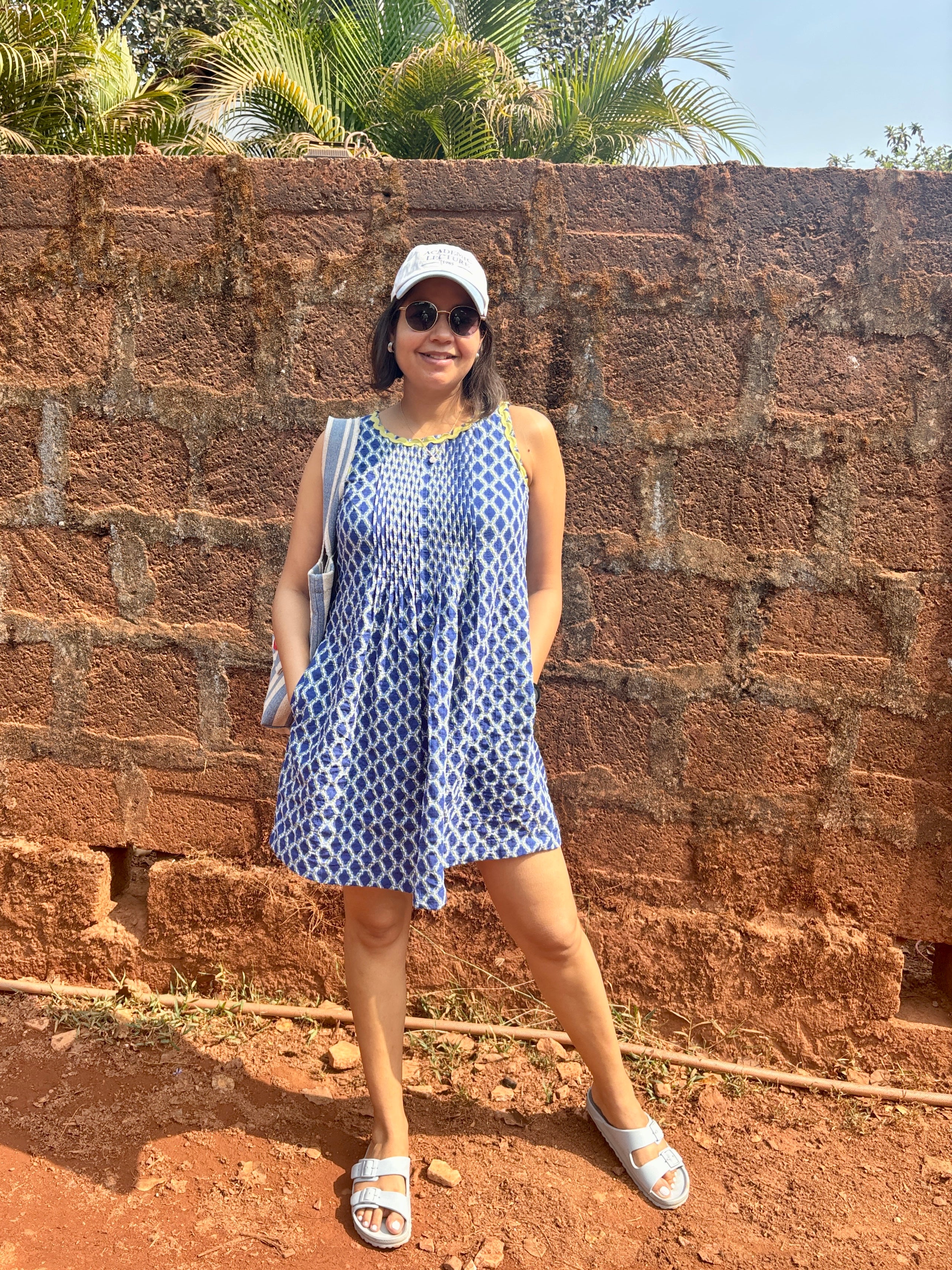 Blue Printed Cotton Pintuck Mini Dress