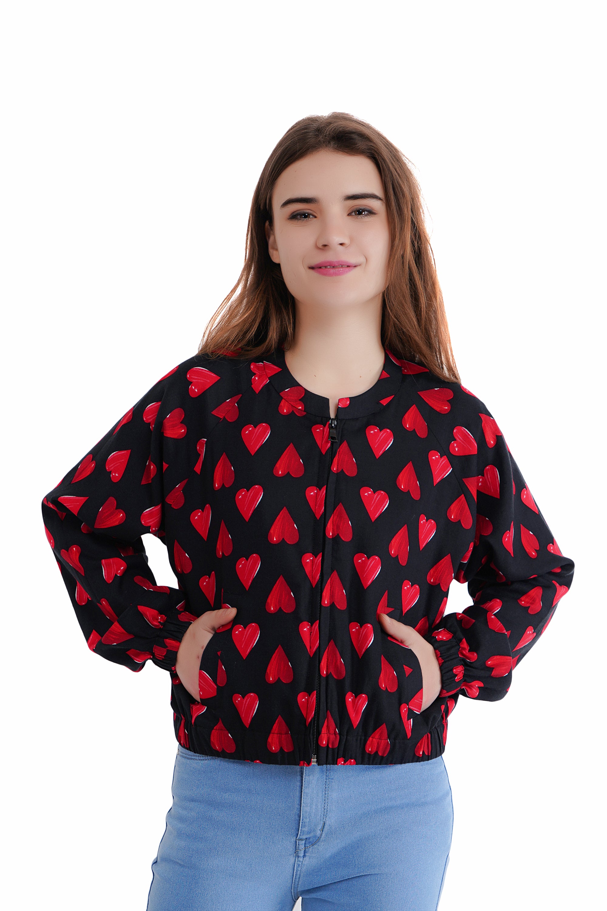 Black Red Heart Cotton Bomber Jacket image 1