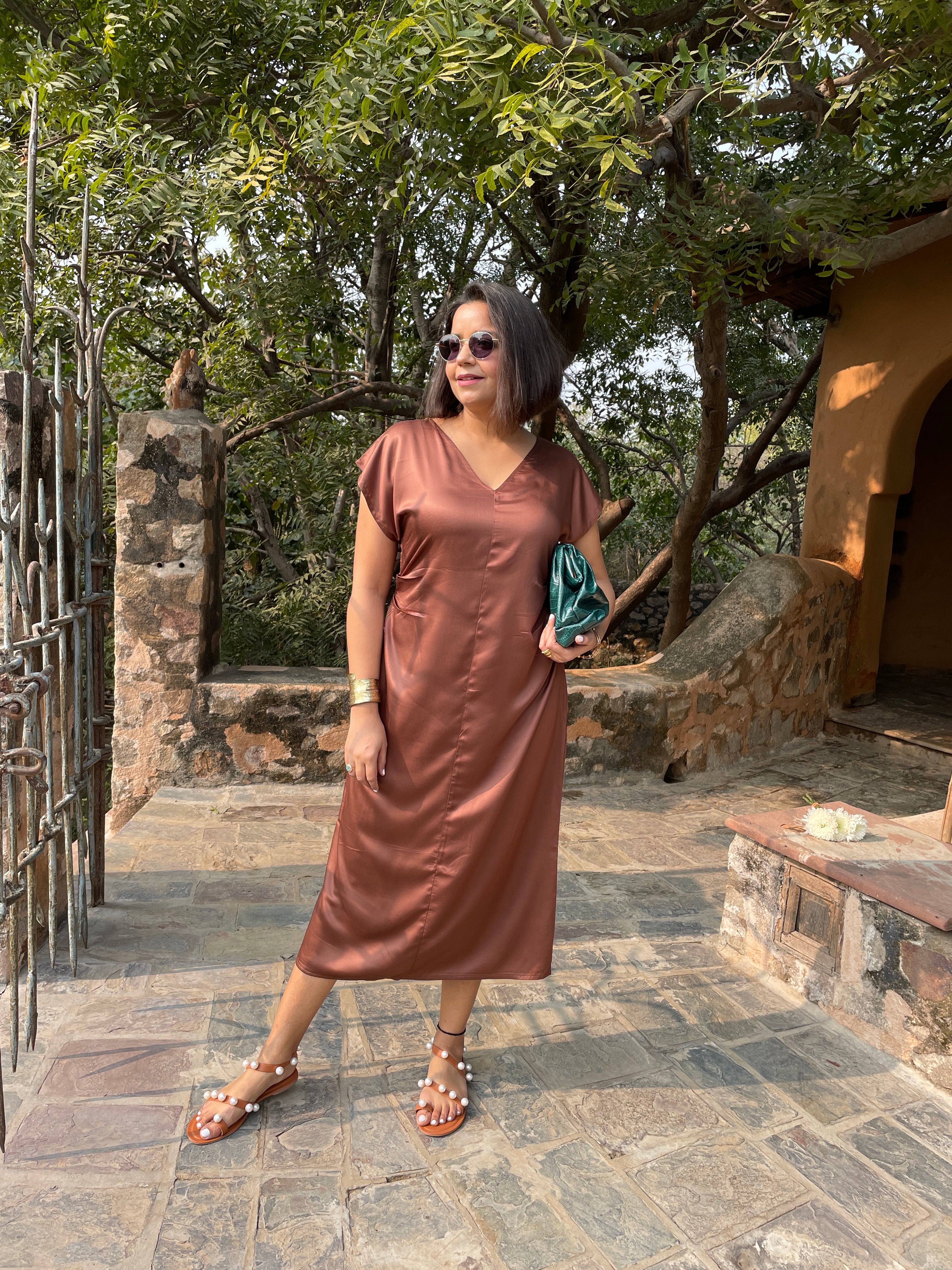 Brown Satin Midi Dress image 8