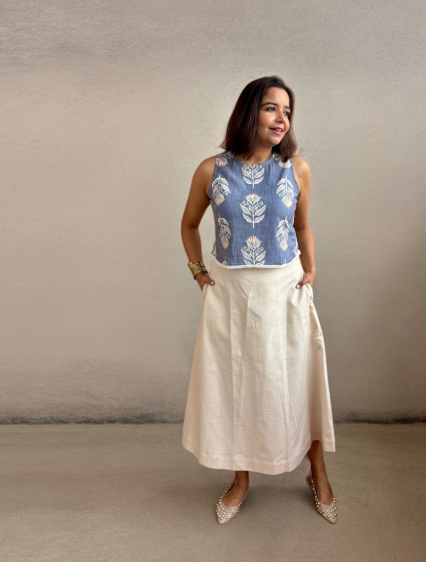 Blue Beige Coord Set with Pockets & Lace Detailing image 0