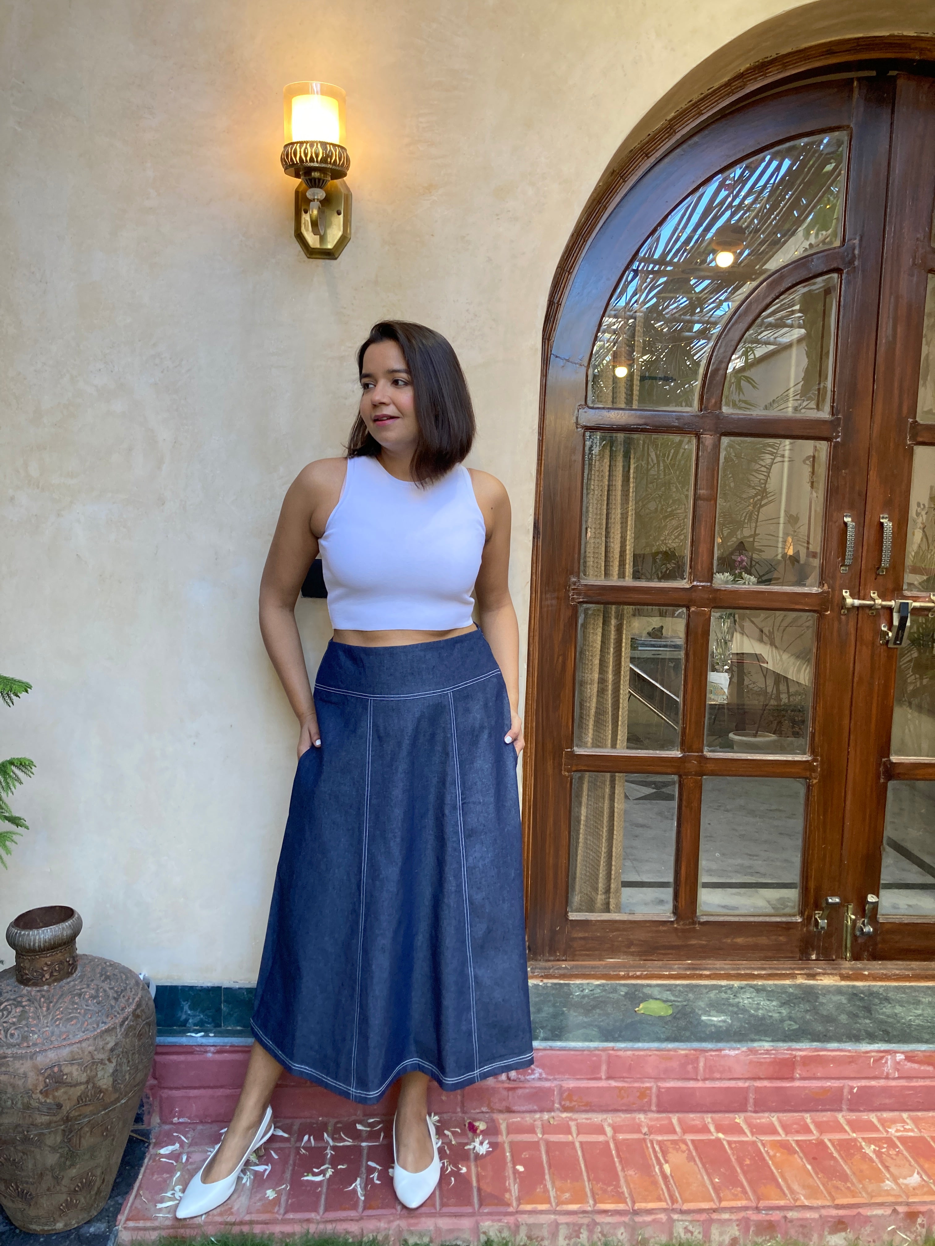 Navy Blue Denim Midi Skirt image 0