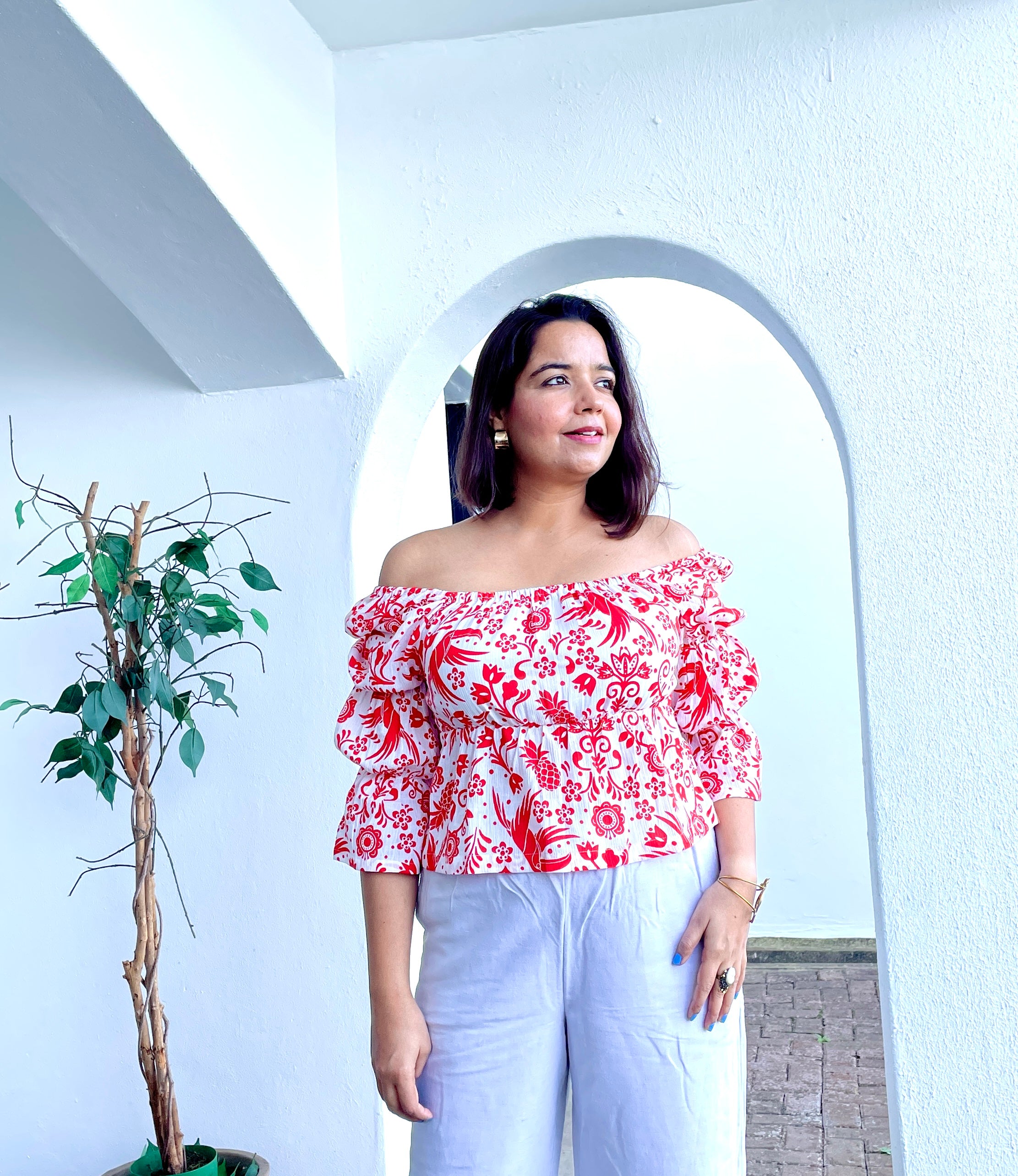 Red and White Printed Top image 2