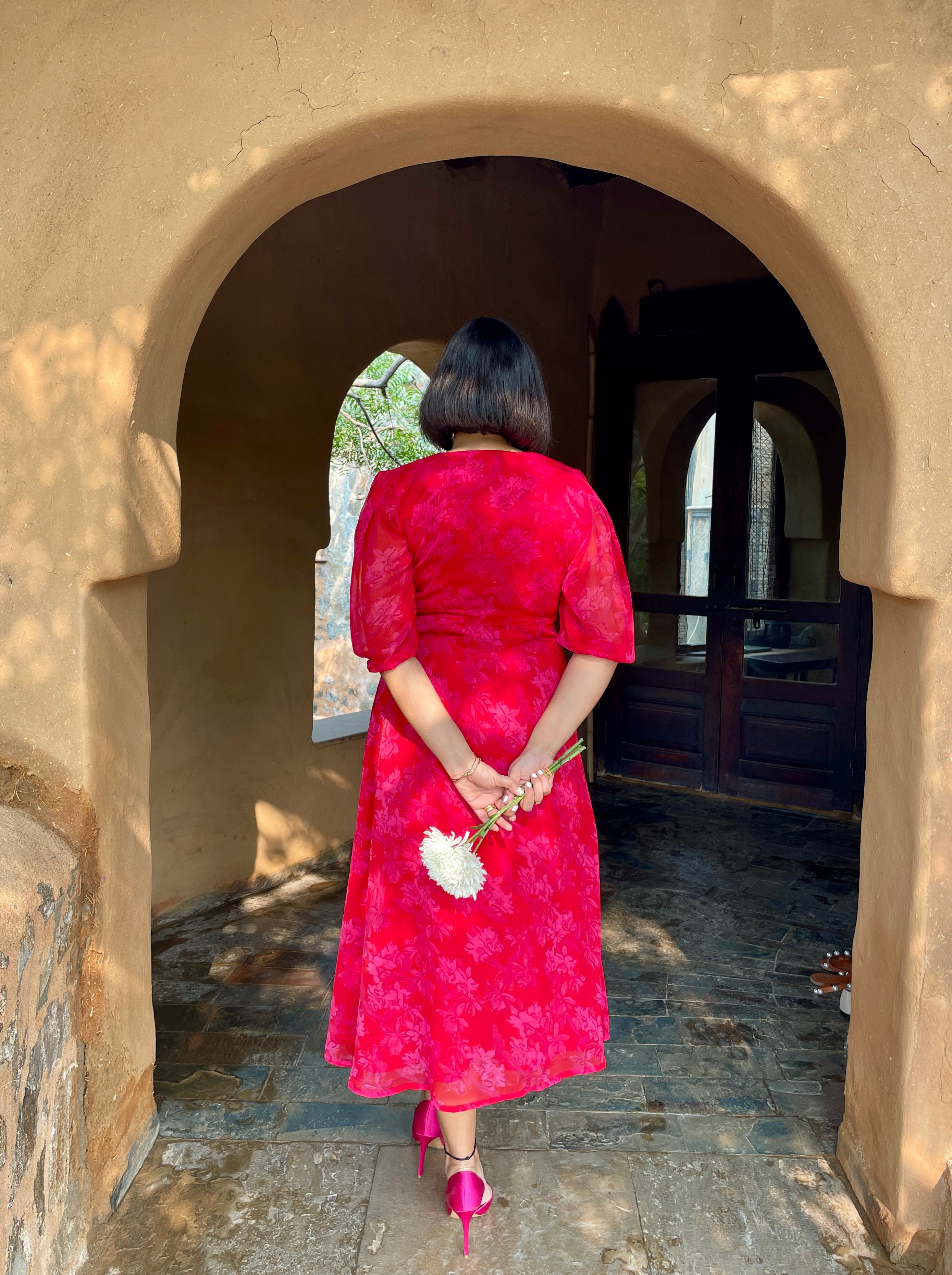 Red Floral Printed Midi Dress image 3