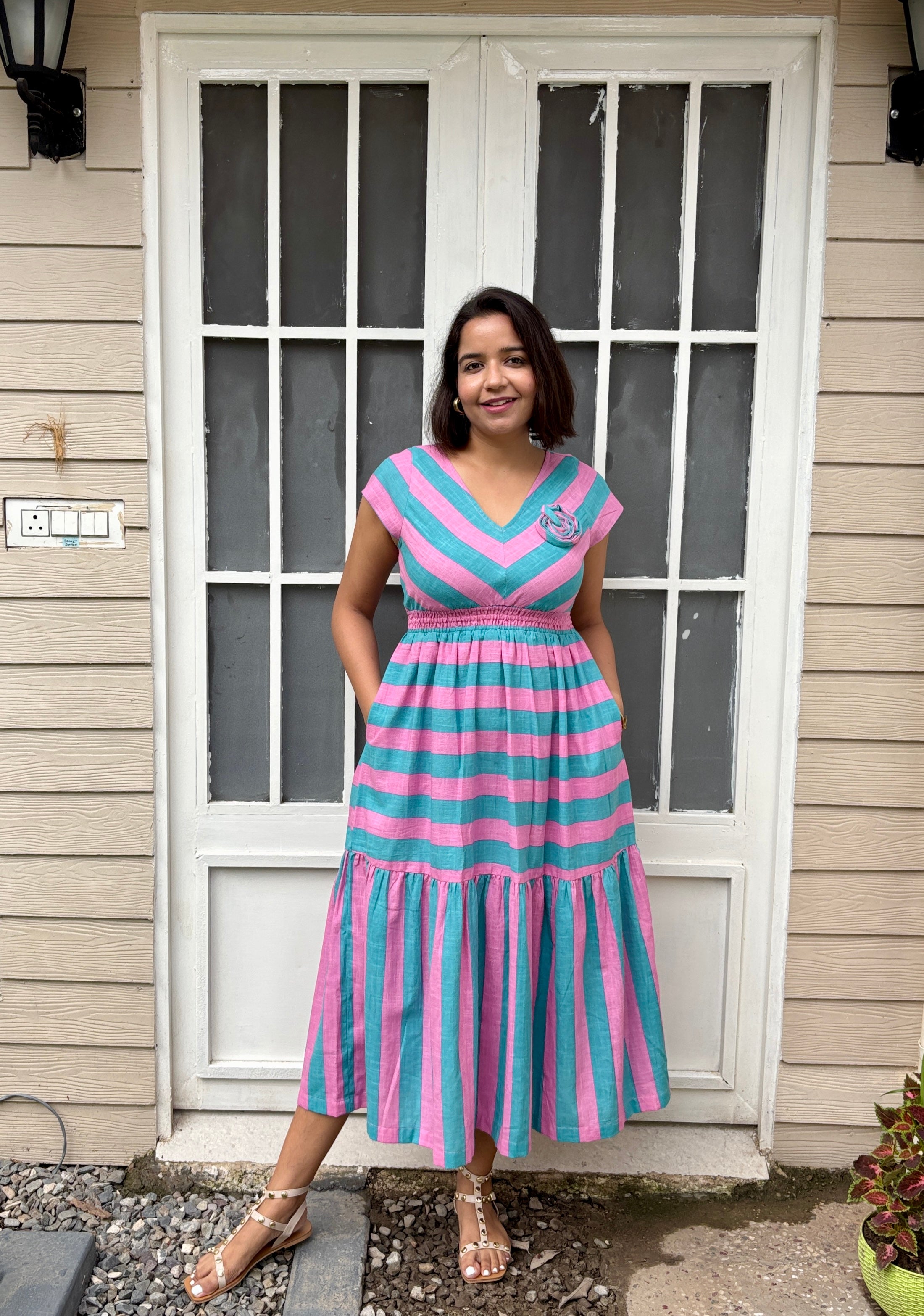 Striped Cotton Linen Midi Dress with 3D Flower image 6