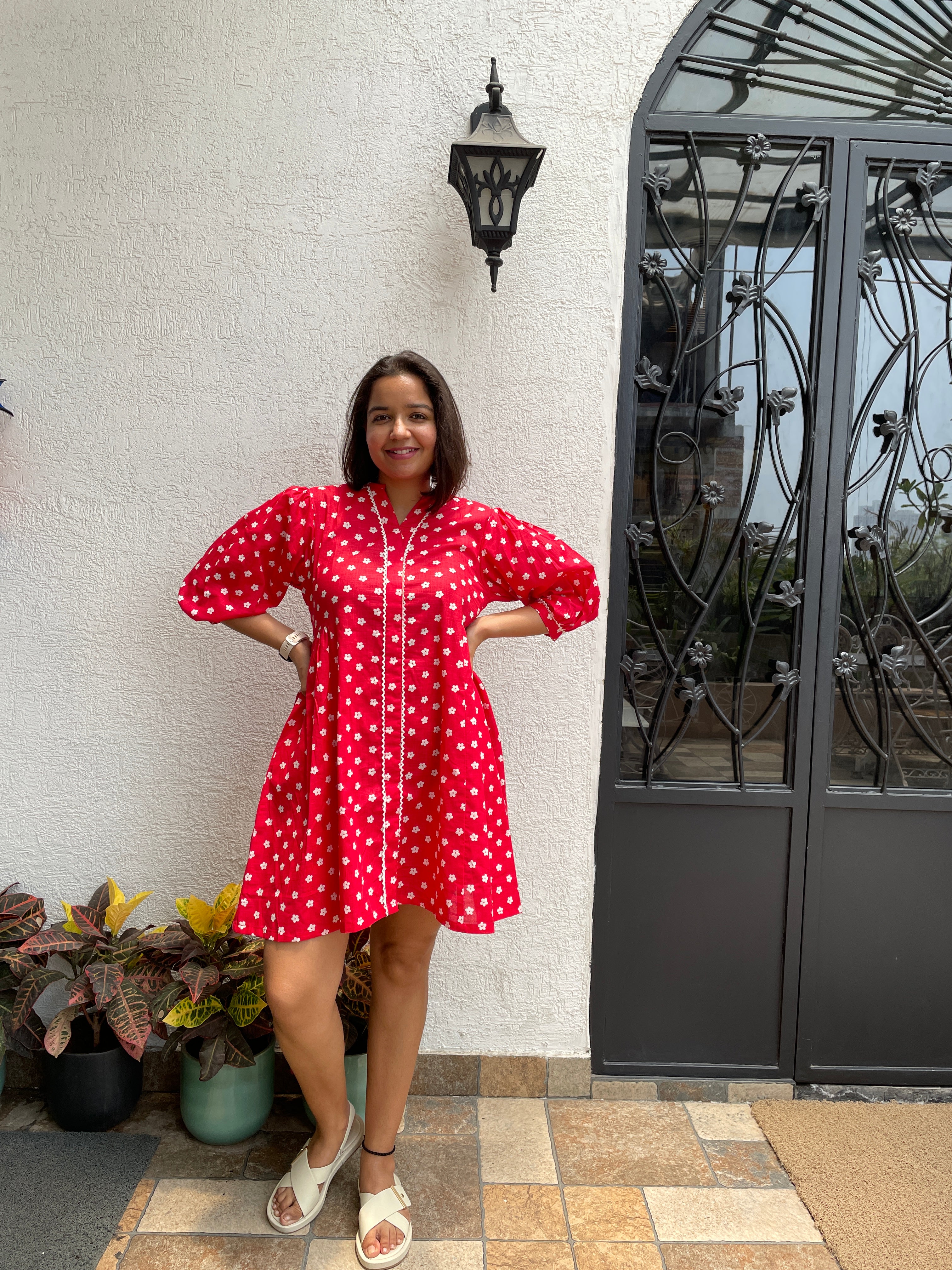 White Flower Red Skater Dress image 1