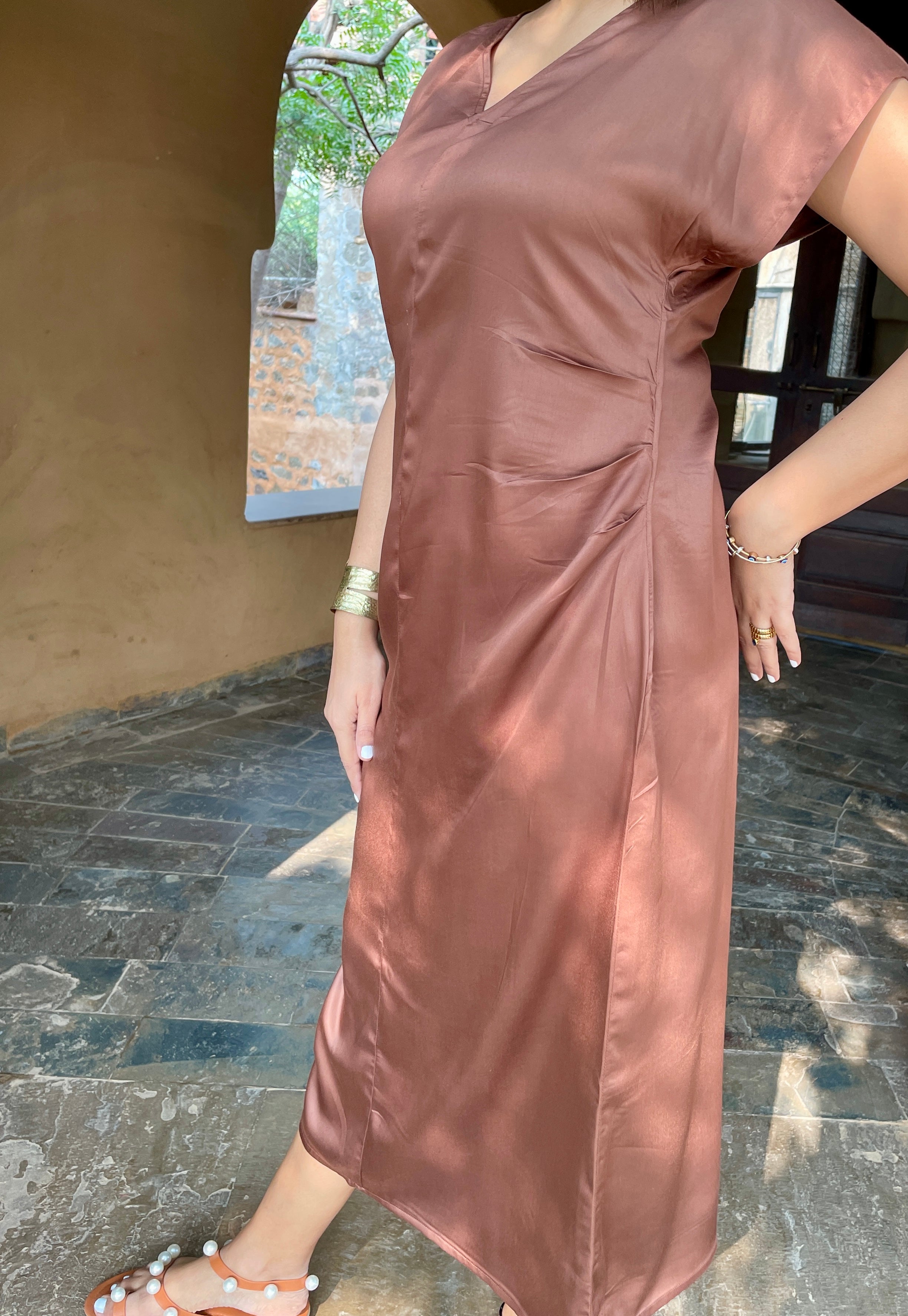 Brown Satin Midi Dress image 3