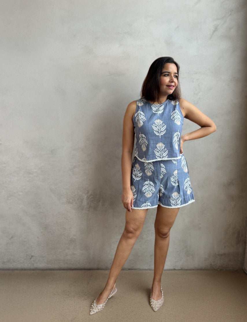 Blue Cotton Coord Set with Lace Detail & Pockets image 0