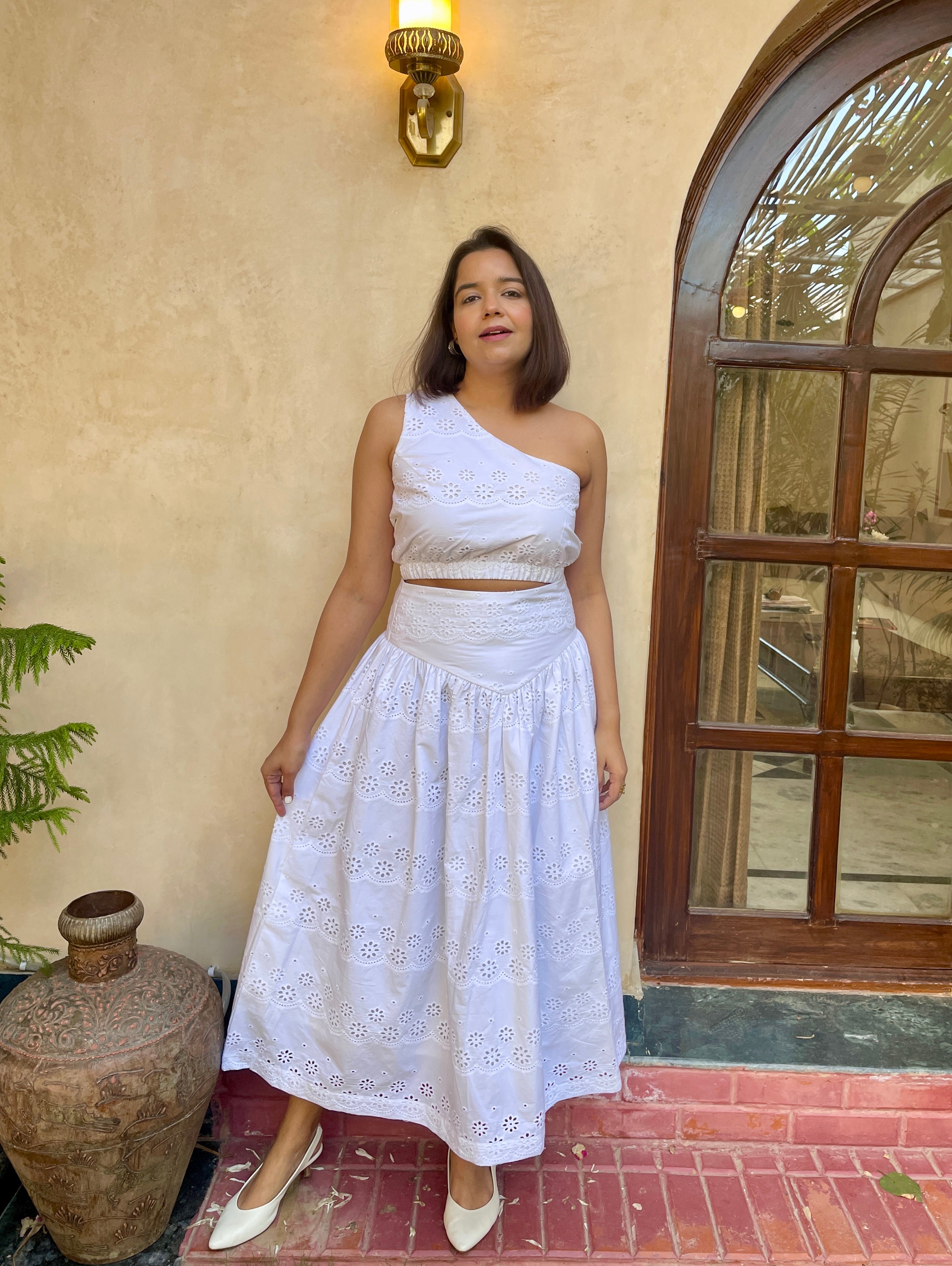 White Schiffli One Shoulder Top and Skirt Coord Set image 4