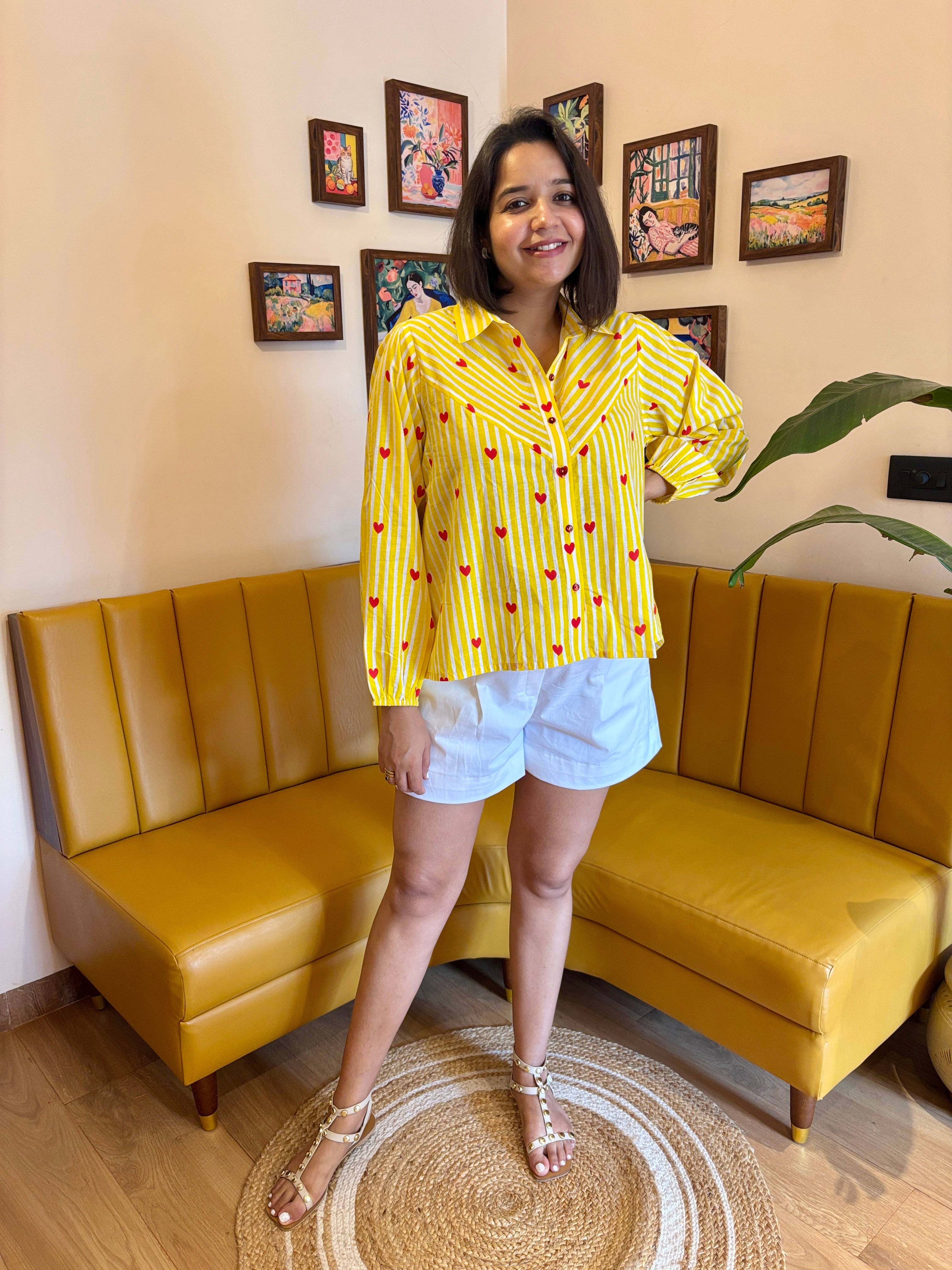 Yellow Stripe Heart Print Cotton Shirt for Women