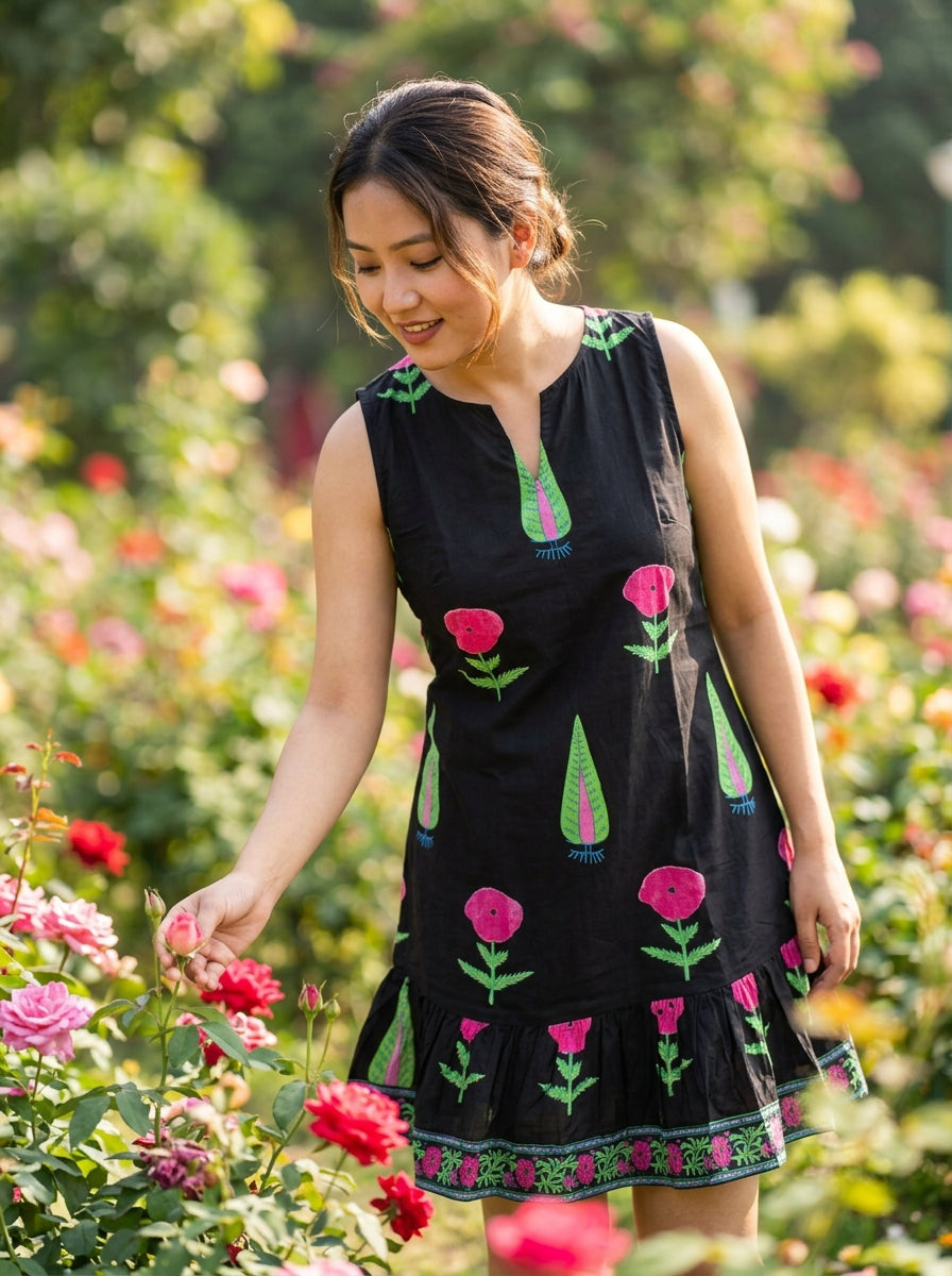 Black Cotton Printed Dress with Pockets