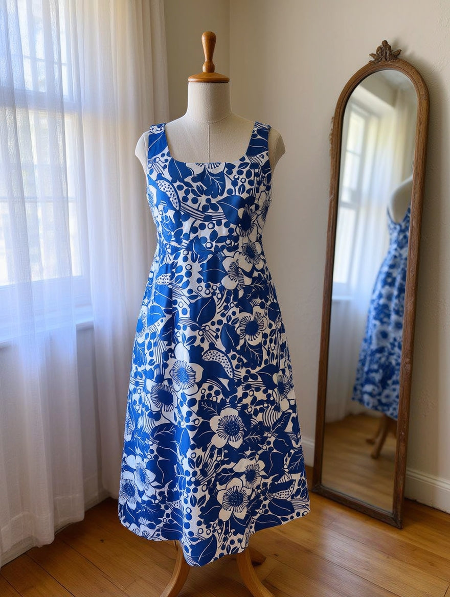 Blue Porcelain Cotton Midi Dress