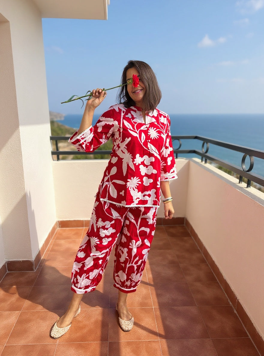 Red Floral Pure Cotton Co-ord Set