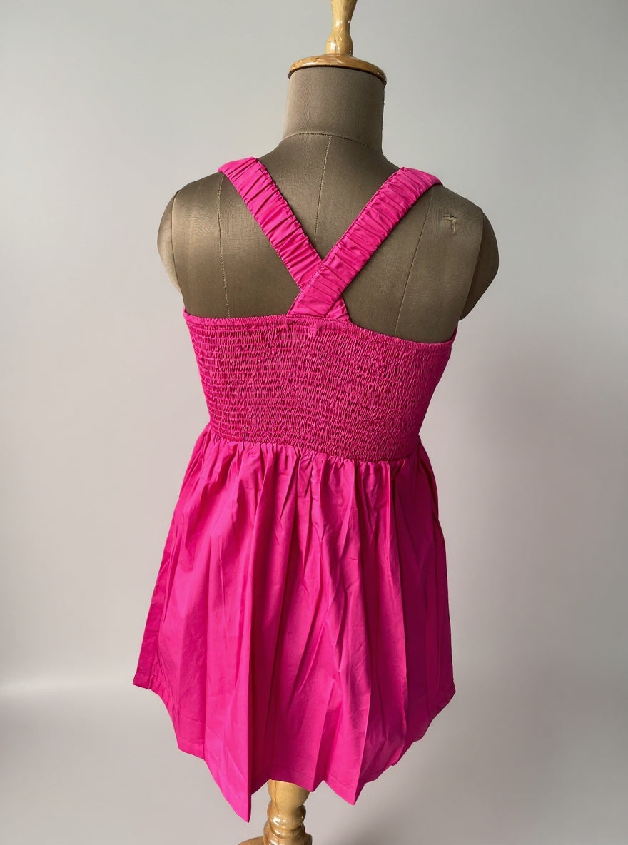 Pink Smocked Cotton Mini Dress with Pockets