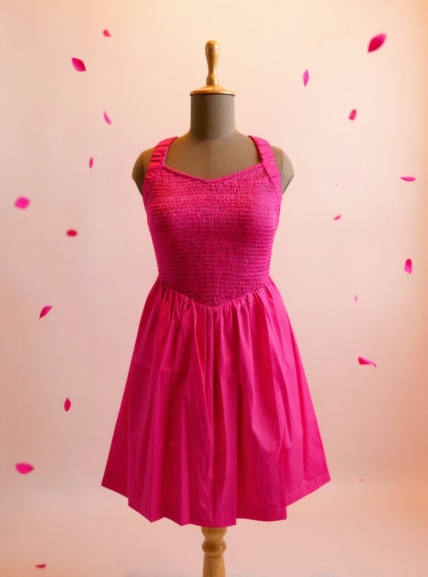 Pink Smocked Cotton Mini Dress with Pockets