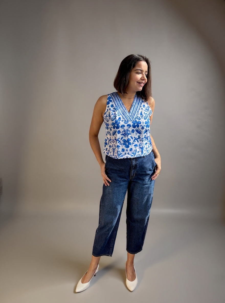 Blue Tile Print Cotton-Linen Crop Top