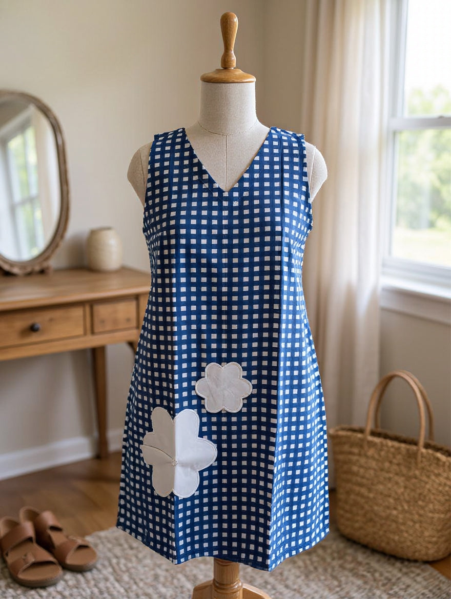 Blue Gingham A-Line Applique Dress