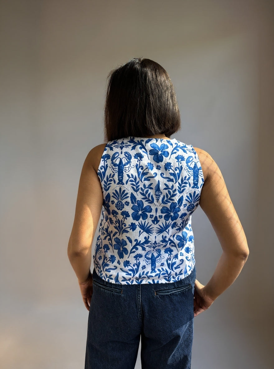 Blue Tile Print Cotton-Linen Crop Top