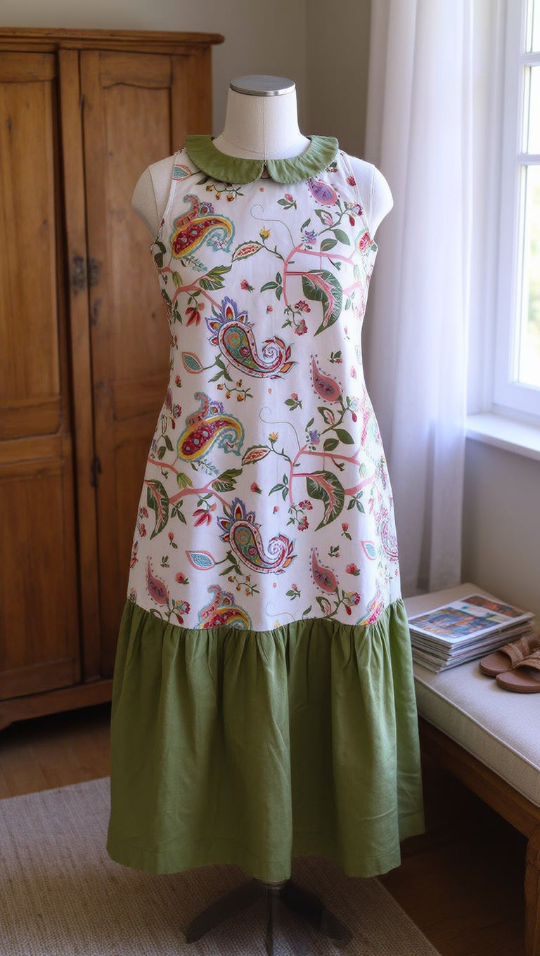Olive Paisley Cotton Peter Pan Collar Dress
