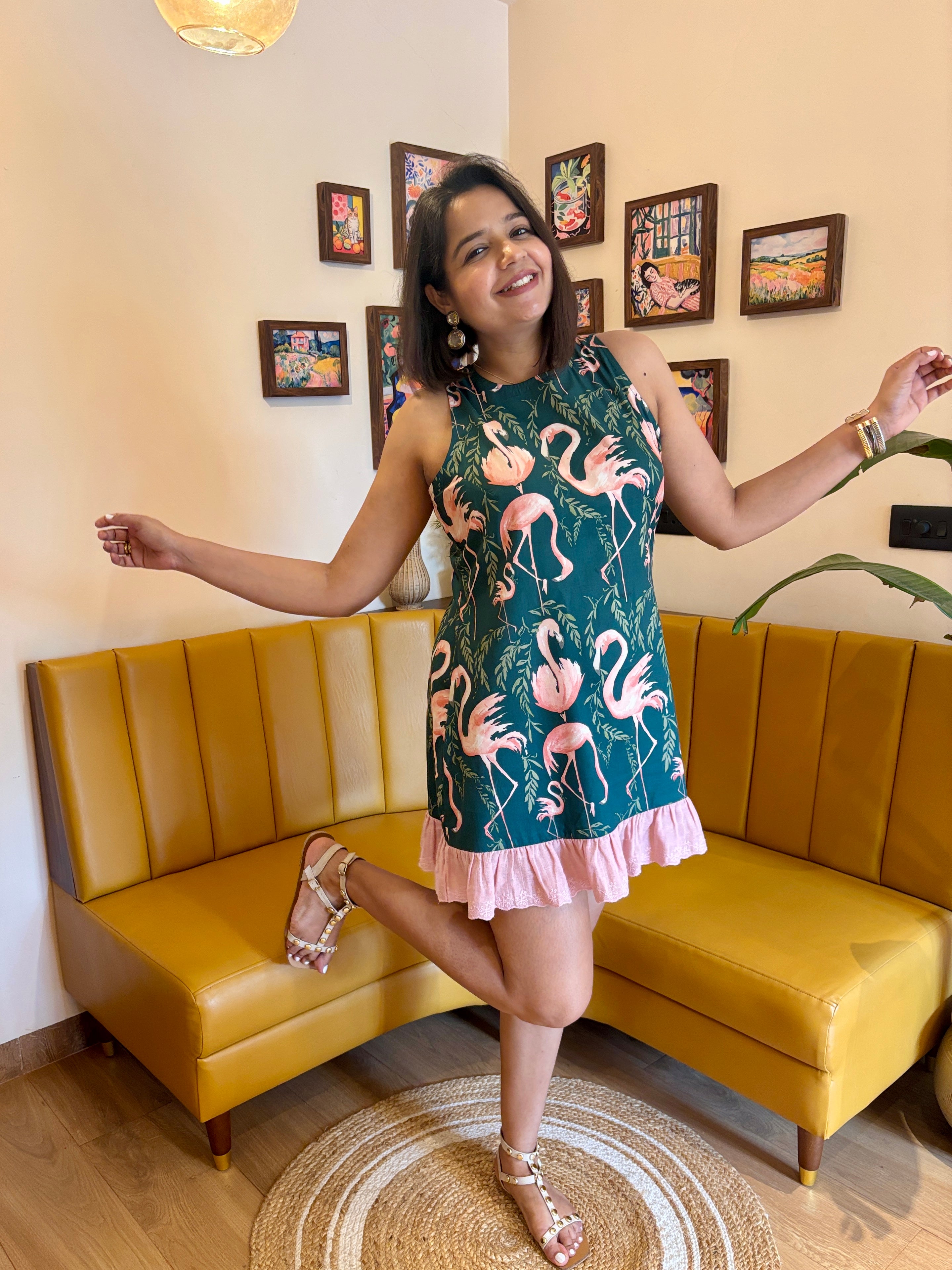 Emerald Flamingo Print Mini Dress