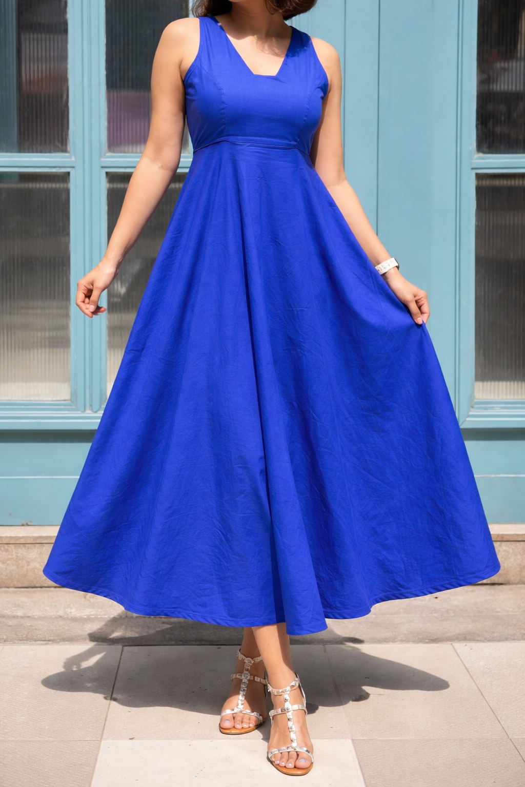 Blue Cotton Skater Maxi Dress