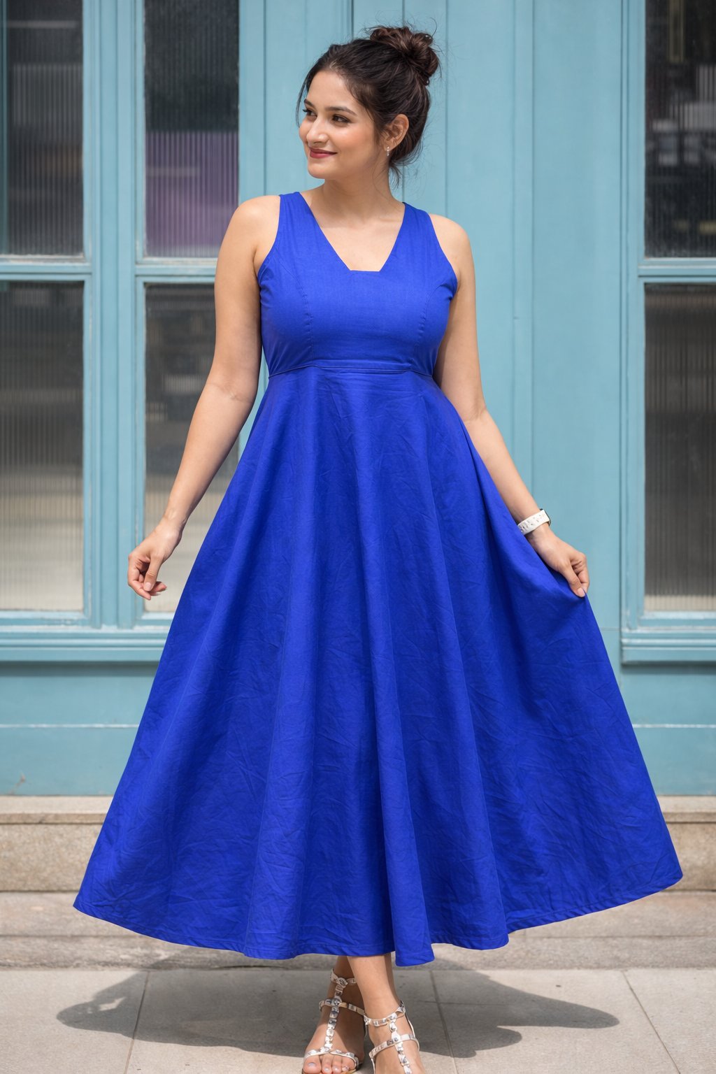 Blue Cotton Skater Maxi Dress