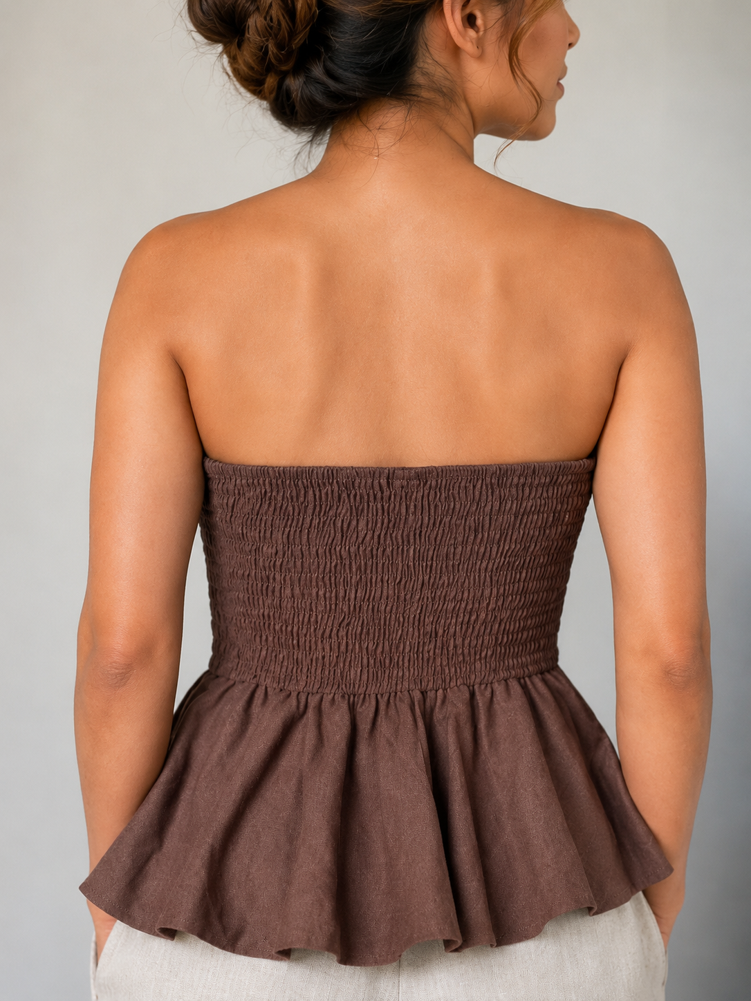 Chocolate Brown Peplum Strapless Top