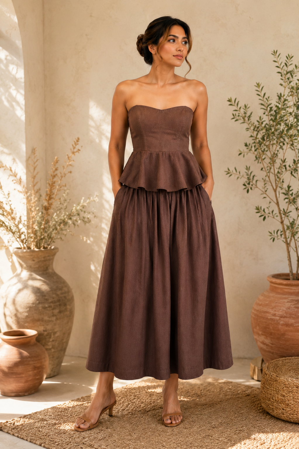 Chocolate Brown Peplum Strapless Top