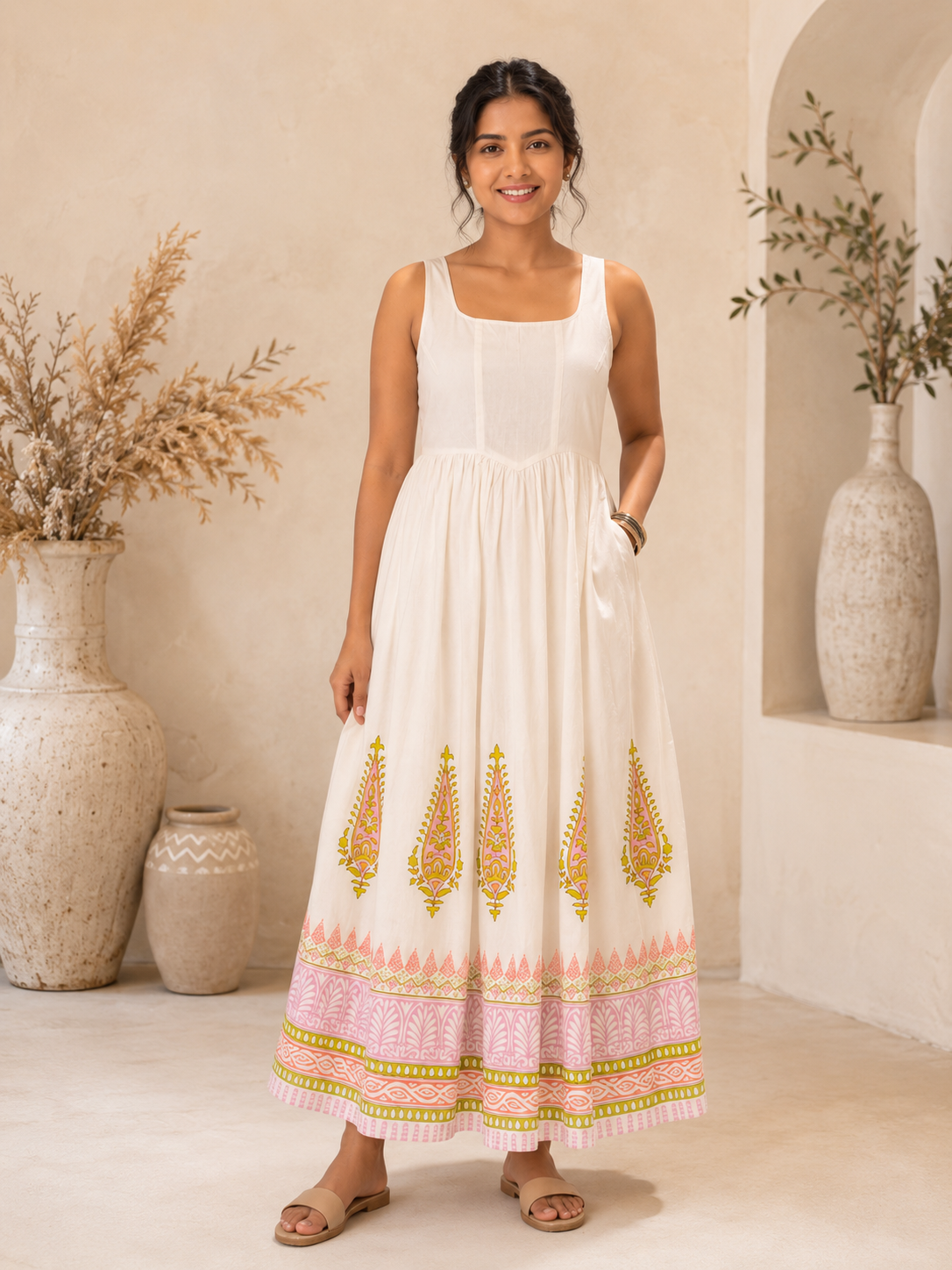 Blush Bloom Cotton Maxi Dress with Pockets