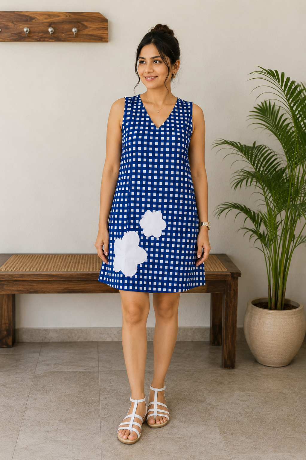 Blue Gingham A-Line Applique Dress