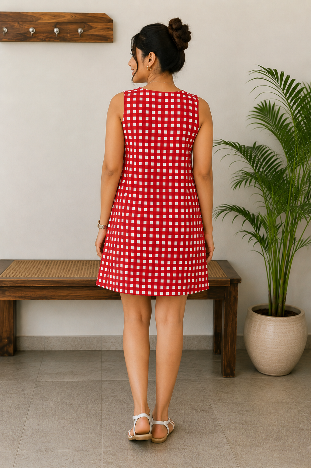Red Gingham Applique Dress with Pockets