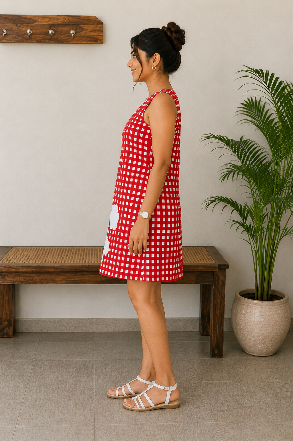 Red Gingham Applique Dress with Pockets