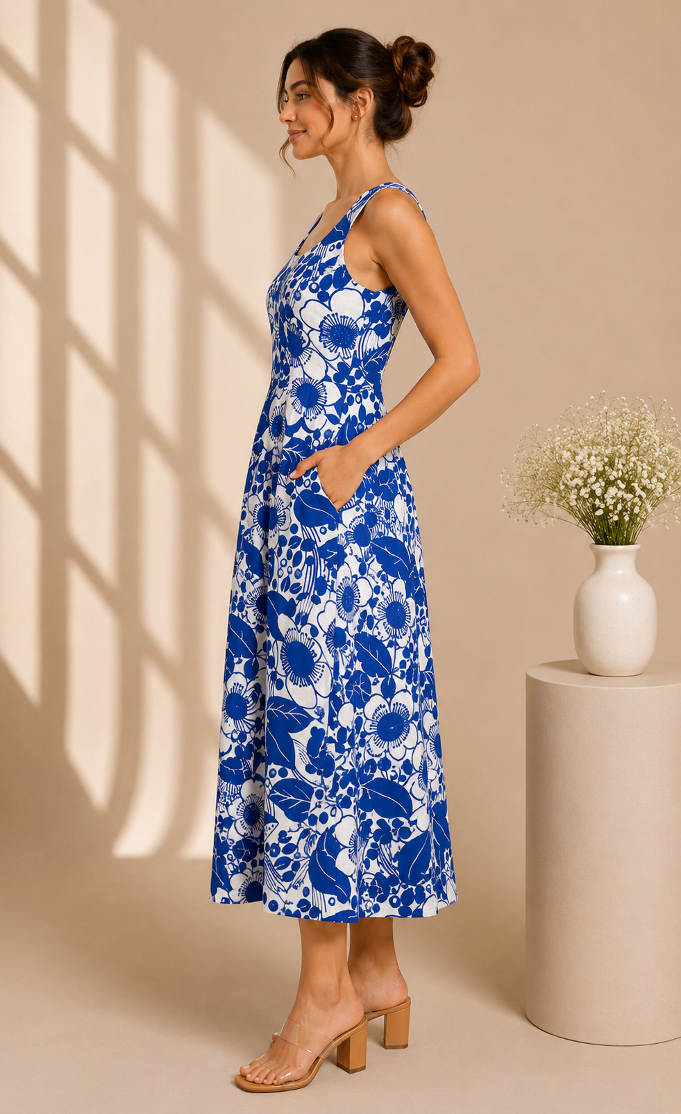 Blue Porcelain Cotton Midi Dress
