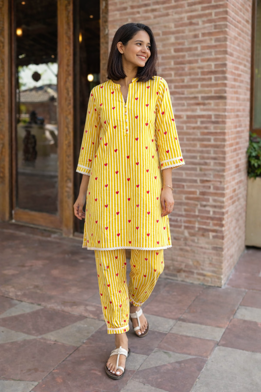 Yellow Striped Heart Printed Pure Cotton Kurta Set