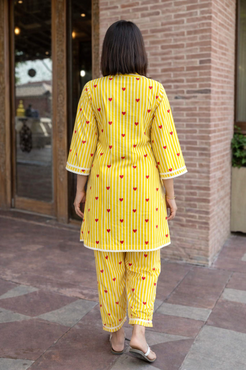 Yellow Striped Heart Printed Pure Cotton Kurta Set