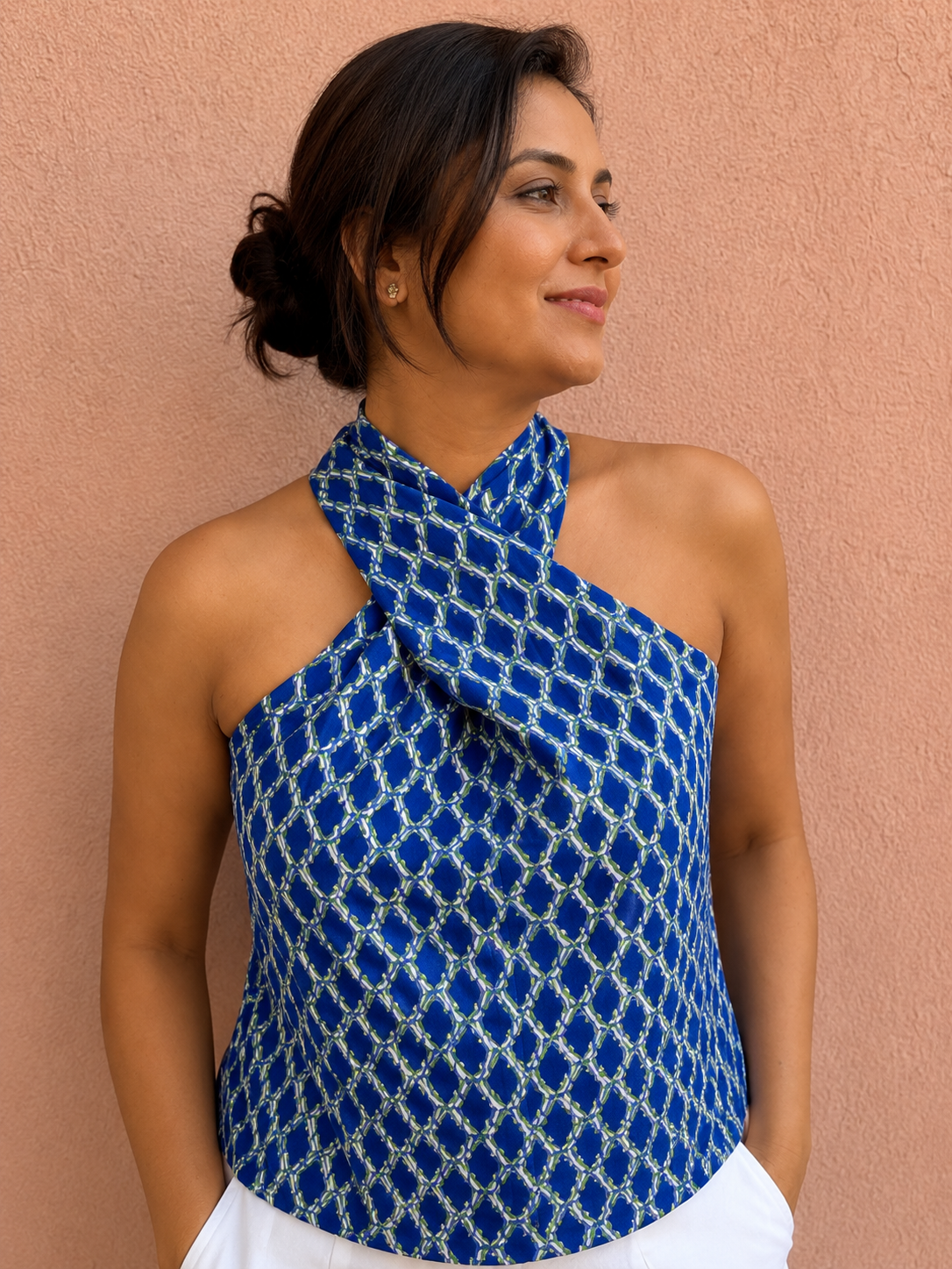 Blue Printed Twist Halter Cotton Top
