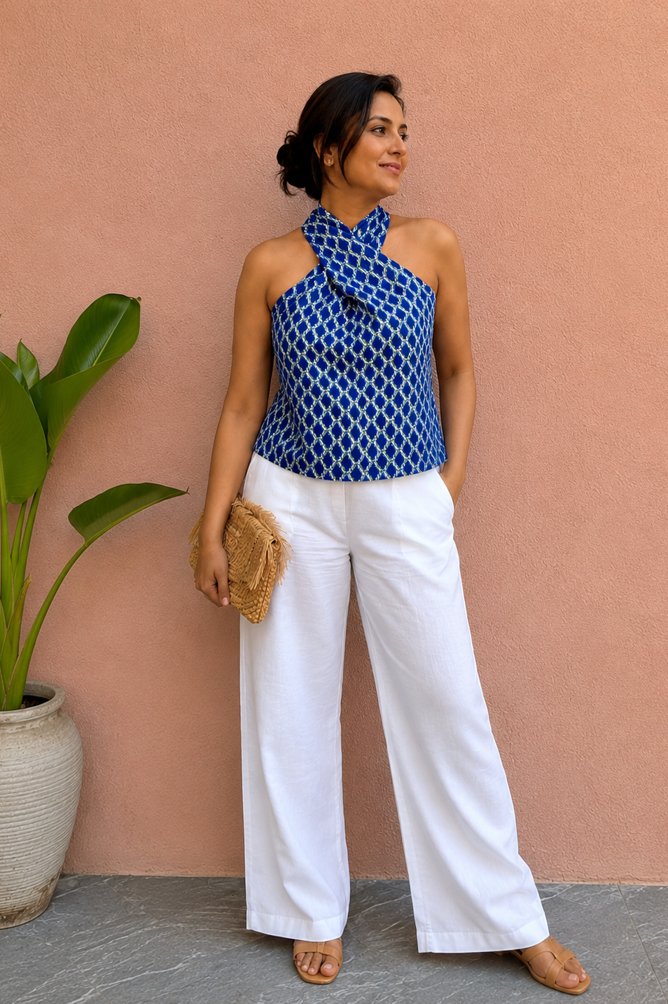 Blue Printed Twist Halter Cotton Top