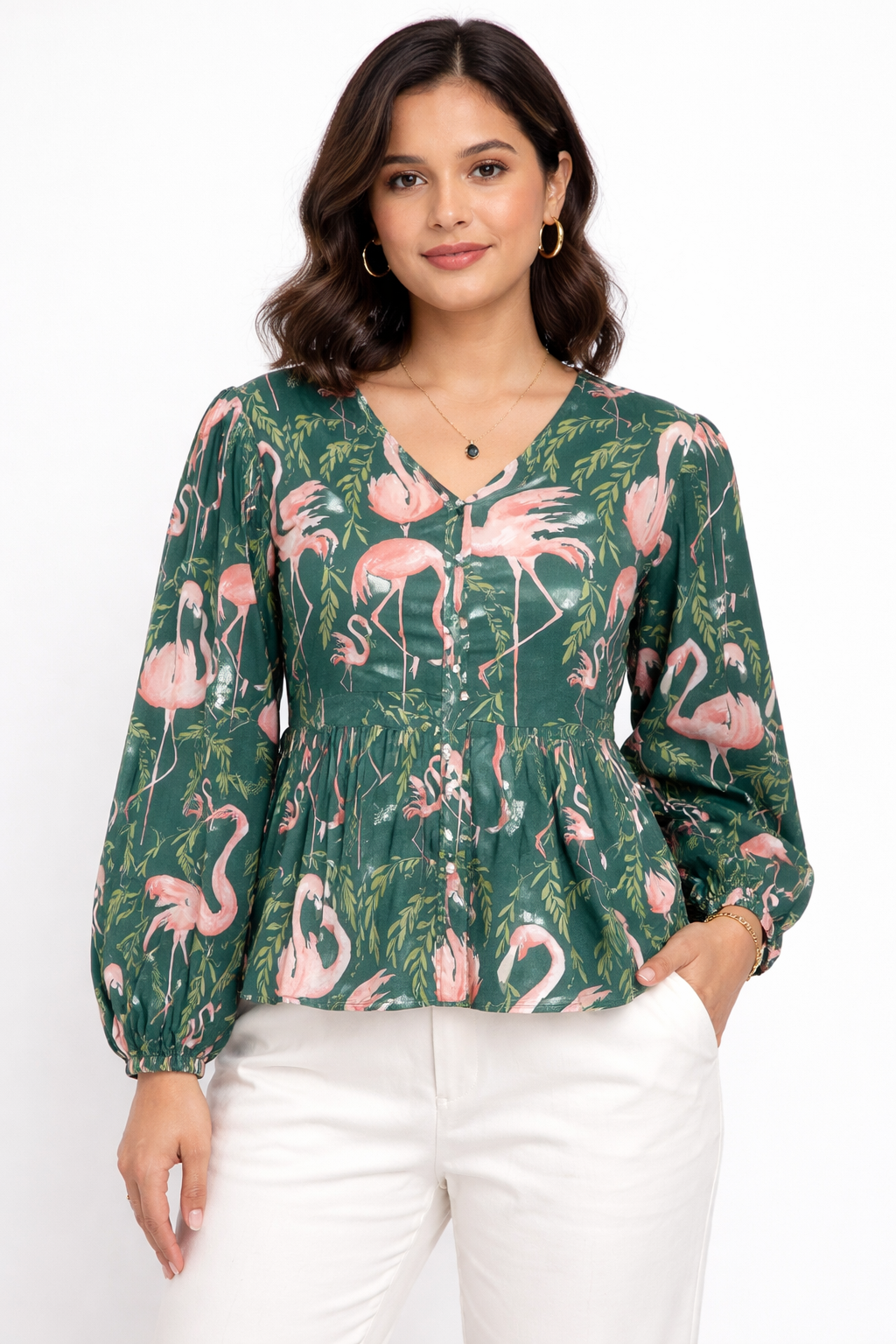 Emerald Flamingo Print Button-Down Top